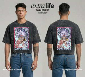 Playera streetwear premium de anime y gaming ExtraLife MX, corte boxy deluxe mineral wash heavyweight en color Acid Wash, moda urbana mexicana de culto.