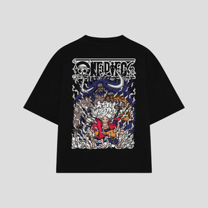 Playera streetwear premium de anime y gaming ExtraLife MX, corte boxy oversized drop shoulder heavyweight en color Deep Black y Off-White, moda urbana mexicana de culto.