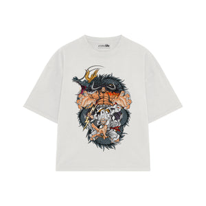 Playera streetwear premium de anime y gaming ExtraLife MX, corte boxy oversized drop shoulder heavyweight en color Deep Black y Off-White, moda urbana mexicana de culto.