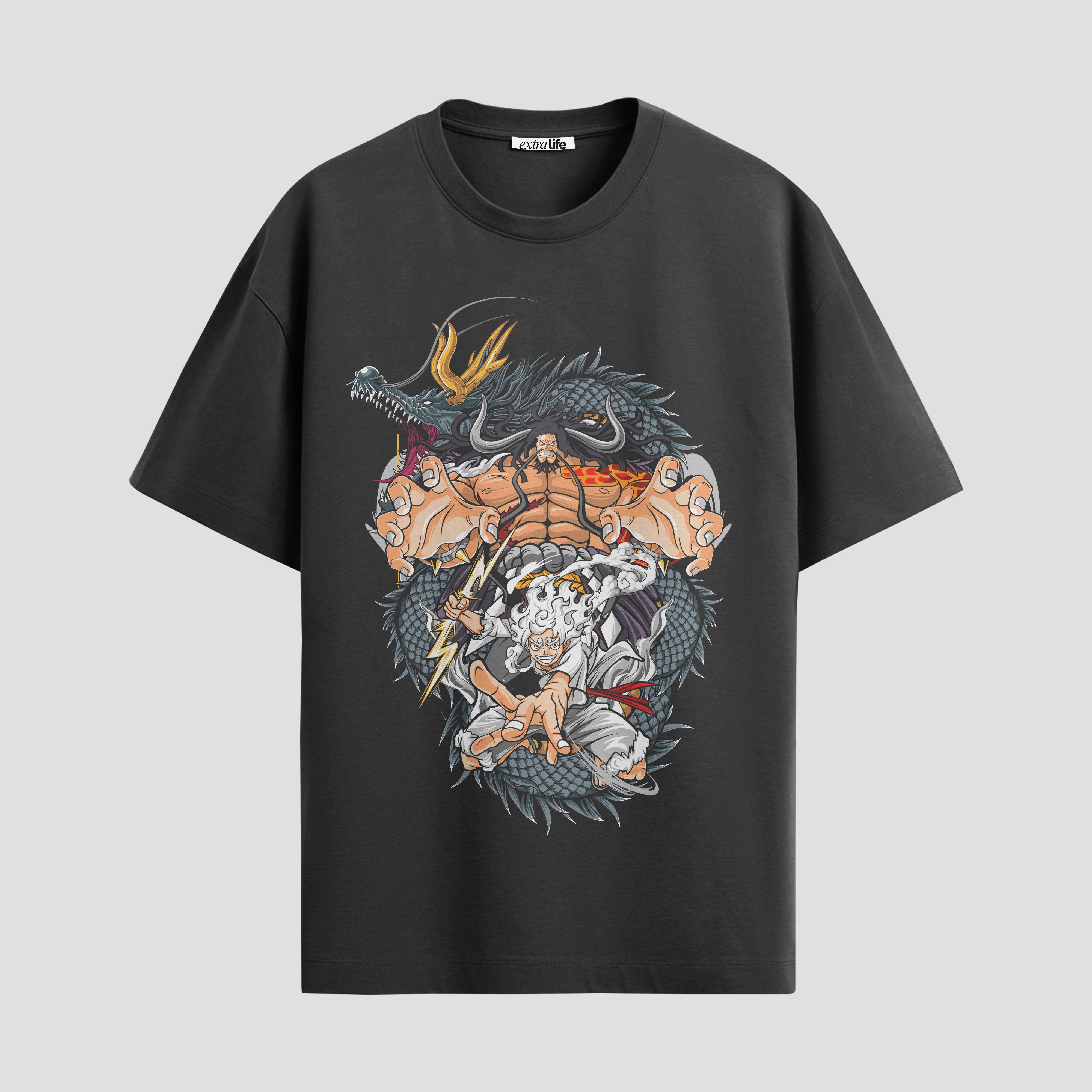 Playera urbana de anime y gaming ExtraLife MX, corte Standard Fit unisex ligero y transpirable en color Deep Black y Pure White, ropa de uso diario para gym y casual.