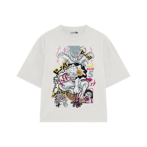 Playera streetwear premium de anime y gaming ExtraLife MX, corte boxy oversized drop shoulder heavyweight en color Deep Black y Off-White, moda urbana mexicana de culto.