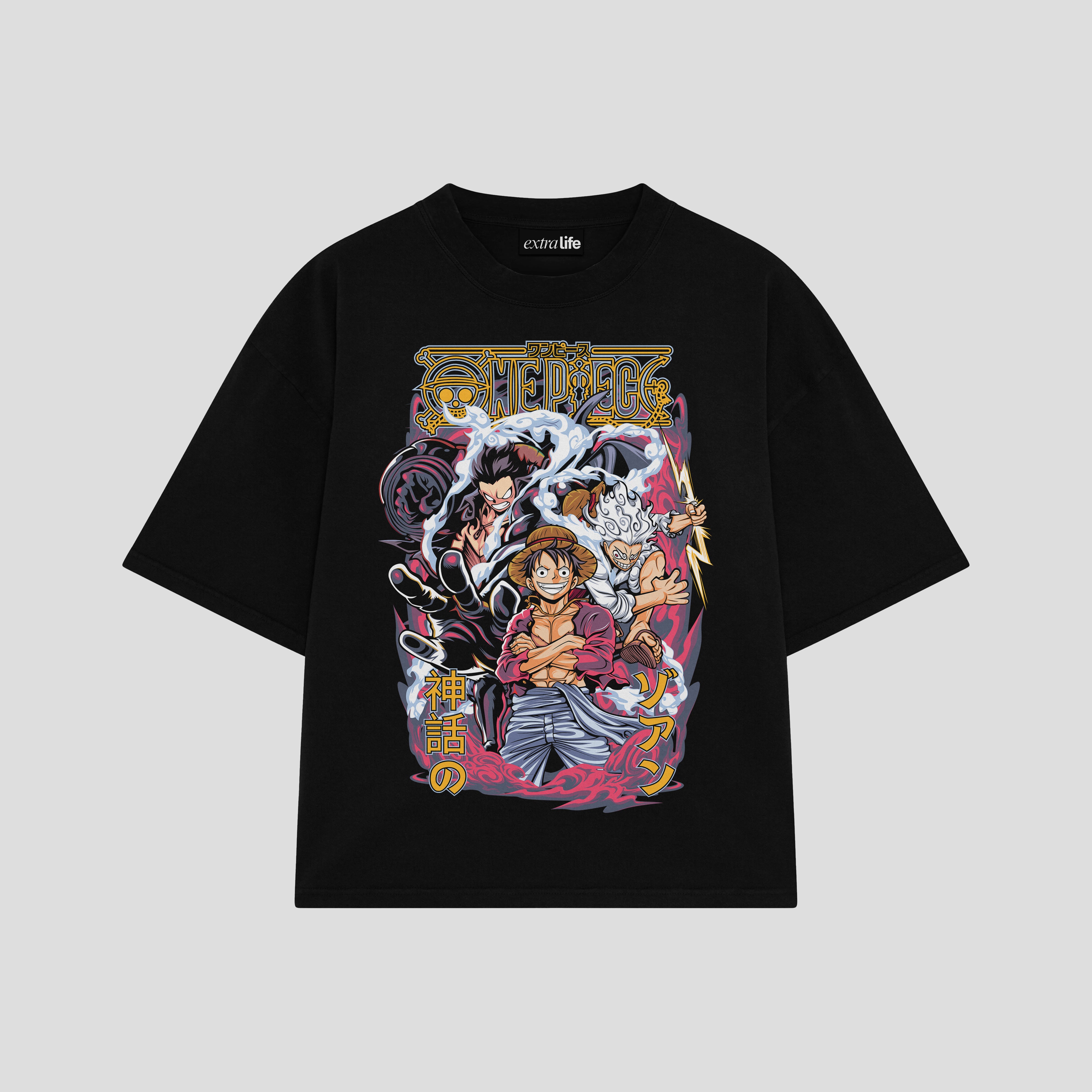 Playera streetwear premium de anime y gaming ExtraLife MX, corte boxy oversized drop shoulder heavyweight en color Deep Black y Off-White, moda urbana mexicana de culto.