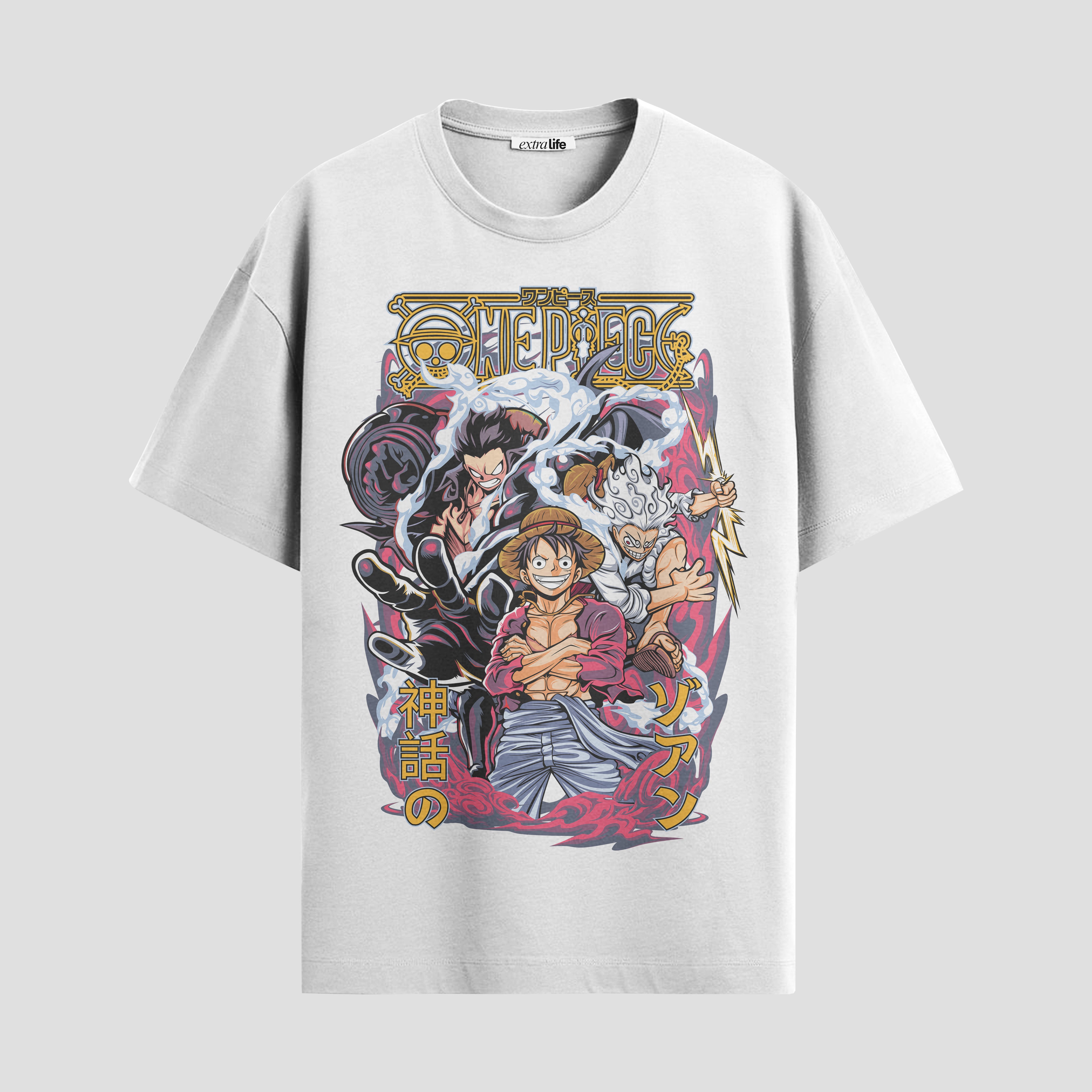 Playera urbana de anime y gaming ExtraLife MX, corte Standard Fit unisex ligero y transpirable en color Deep Black y Pure White, ropa de uso diario para gym y casual.