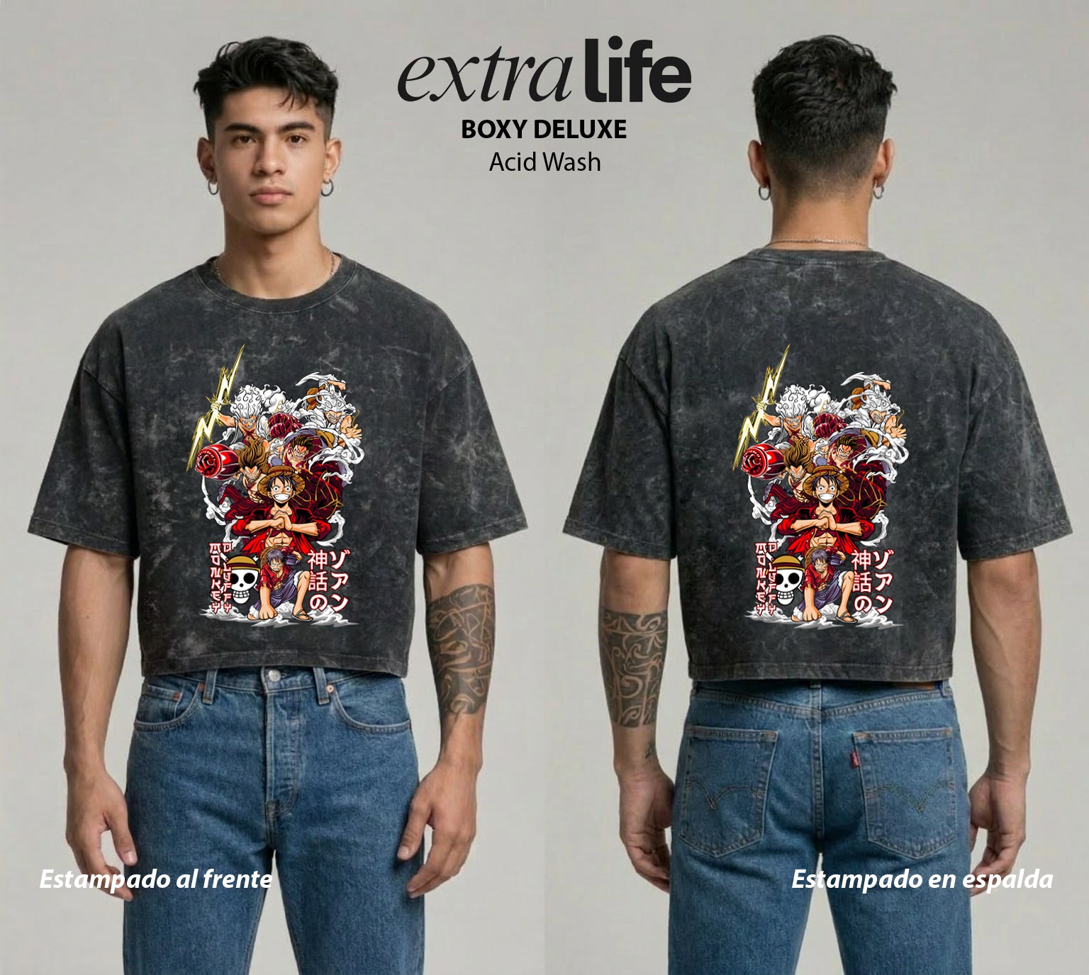 Playera streetwear premium de anime y gaming ExtraLife MX, corte boxy deluxe mineral wash heavyweight en color Acid Wash, moda urbana mexicana de culto.