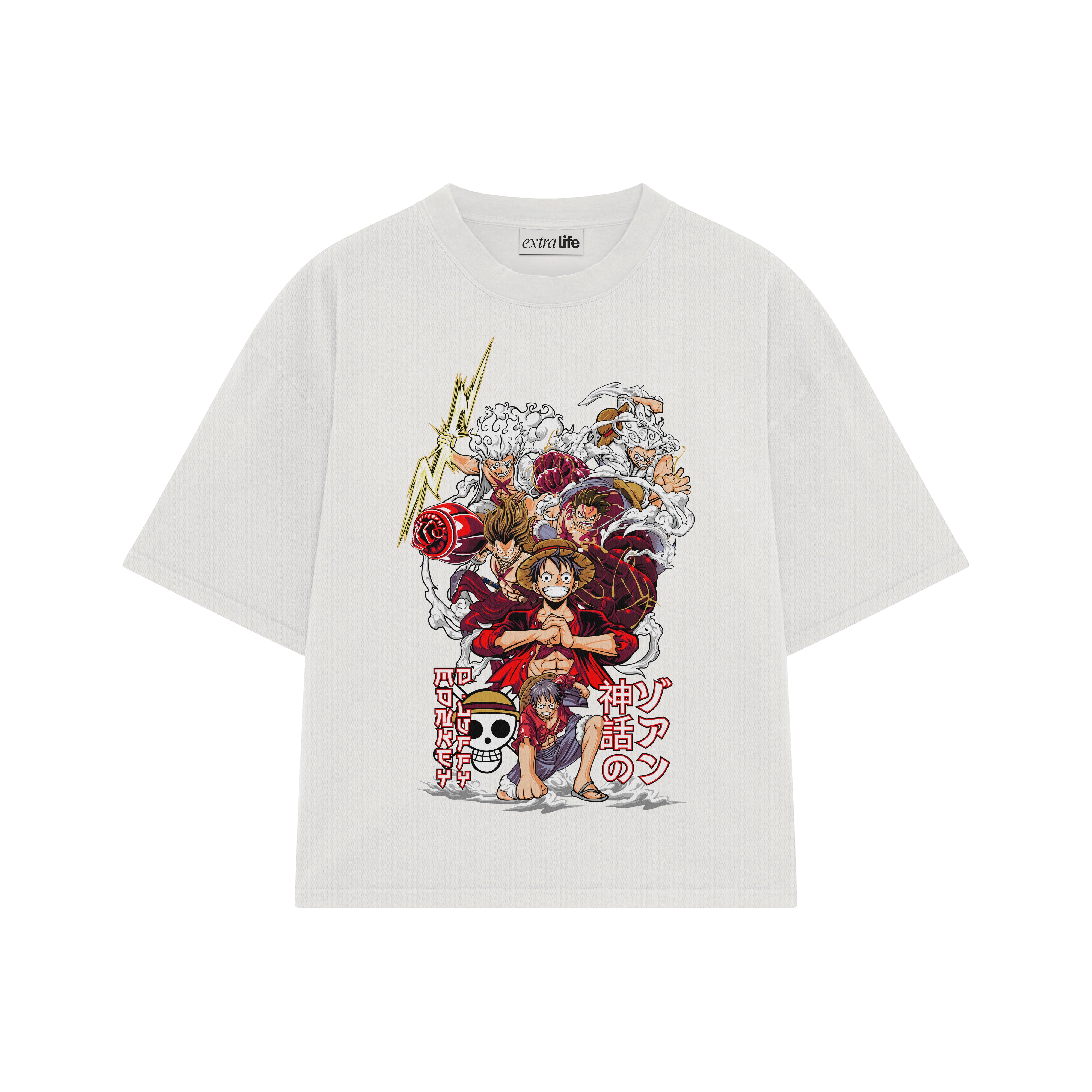 Playera streetwear premium de anime y gaming ExtraLife MX, corte boxy oversized drop shoulder heavyweight en color Deep Black y Off-White, moda urbana mexicana de culto.