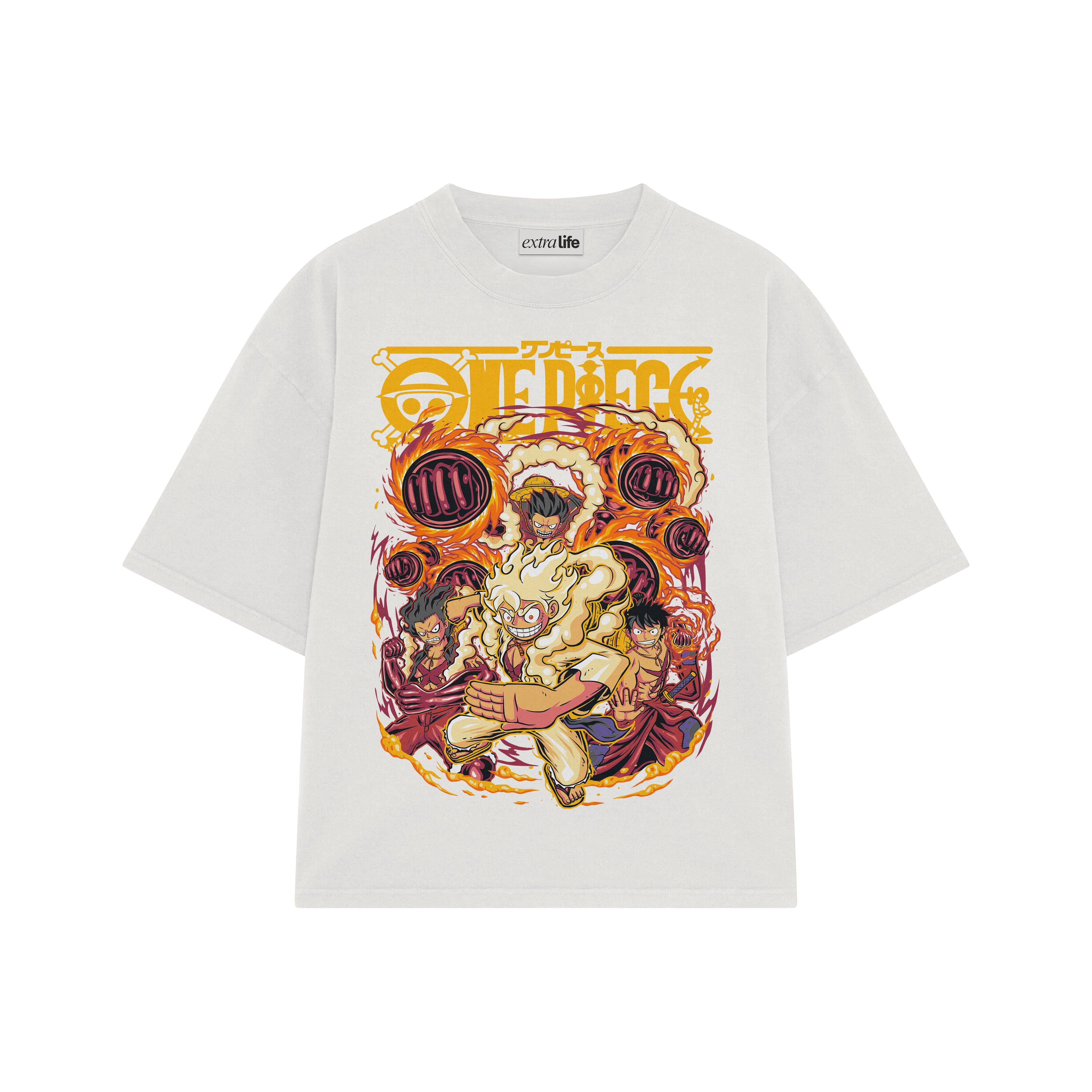 Playera streetwear premium de anime y gaming ExtraLife MX, corte boxy oversized drop shoulder heavyweight en color Deep Black y Off-White, moda urbana mexicana de culto.