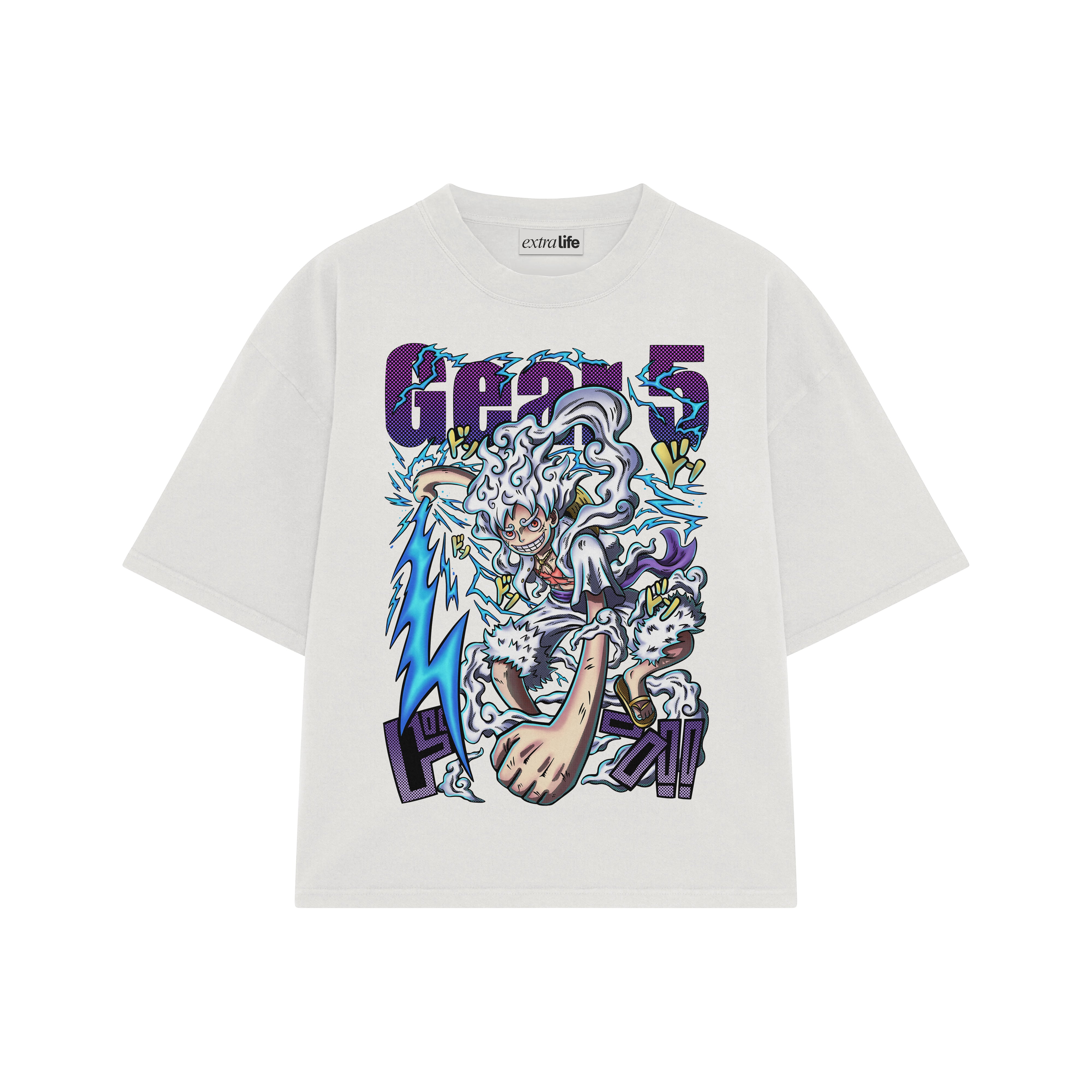 Playera streetwear premium de anime y gaming ExtraLife MX, corte boxy oversized drop shoulder heavyweight en color Deep Black y Off-White, moda urbana mexicana de culto.