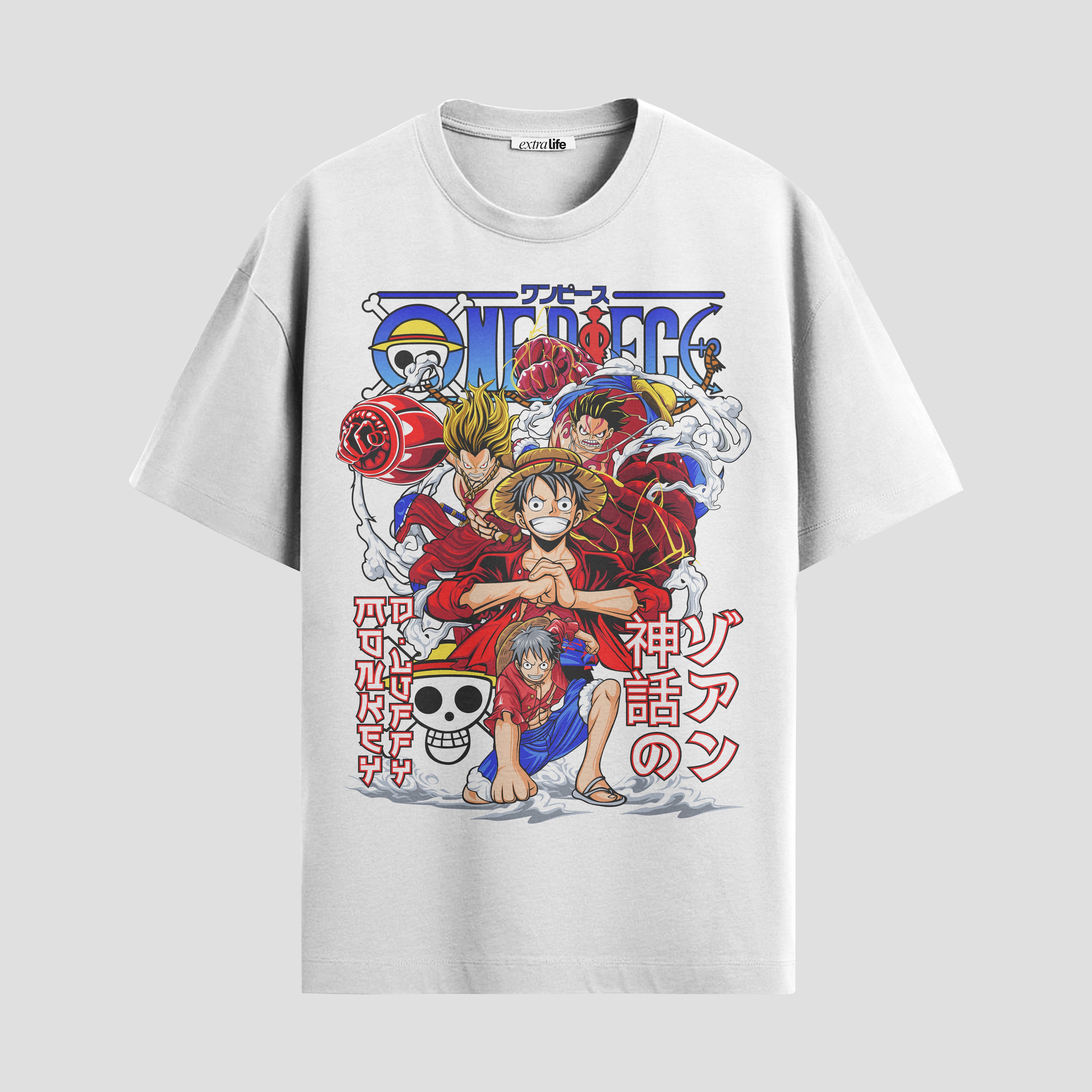 Playera urbana de anime y gaming ExtraLife MX, corte Standard Fit unisex ligero y transpirable en color Deep Black y Pure White, ropa de uso diario para gym y casual.