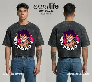 Playera streetwear premium de anime y gaming ExtraLife MX, corte boxy deluxe mineral wash heavyweight en color Acid Wash, moda urbana mexicana de culto.