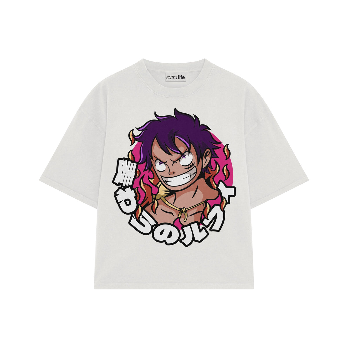 Playera streetwear premium de anime y gaming ExtraLife MX, corte oversized drop shoulder ligero y fresco en color Deep Black y Off-White, moda urbana mexicana de culto.