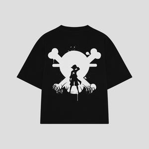Playera streetwear premium de anime y gaming ExtraLife MX, corte boxy oversized drop shoulder heavyweight en color Deep Black y Off-White, moda urbana mexicana de culto.