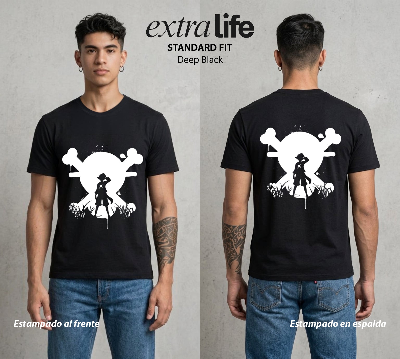 Mar de los Piratas | El del Sombrero de Paja Calavera #03210 - Playera Standard Fit | Deep Black - Foto en modelo