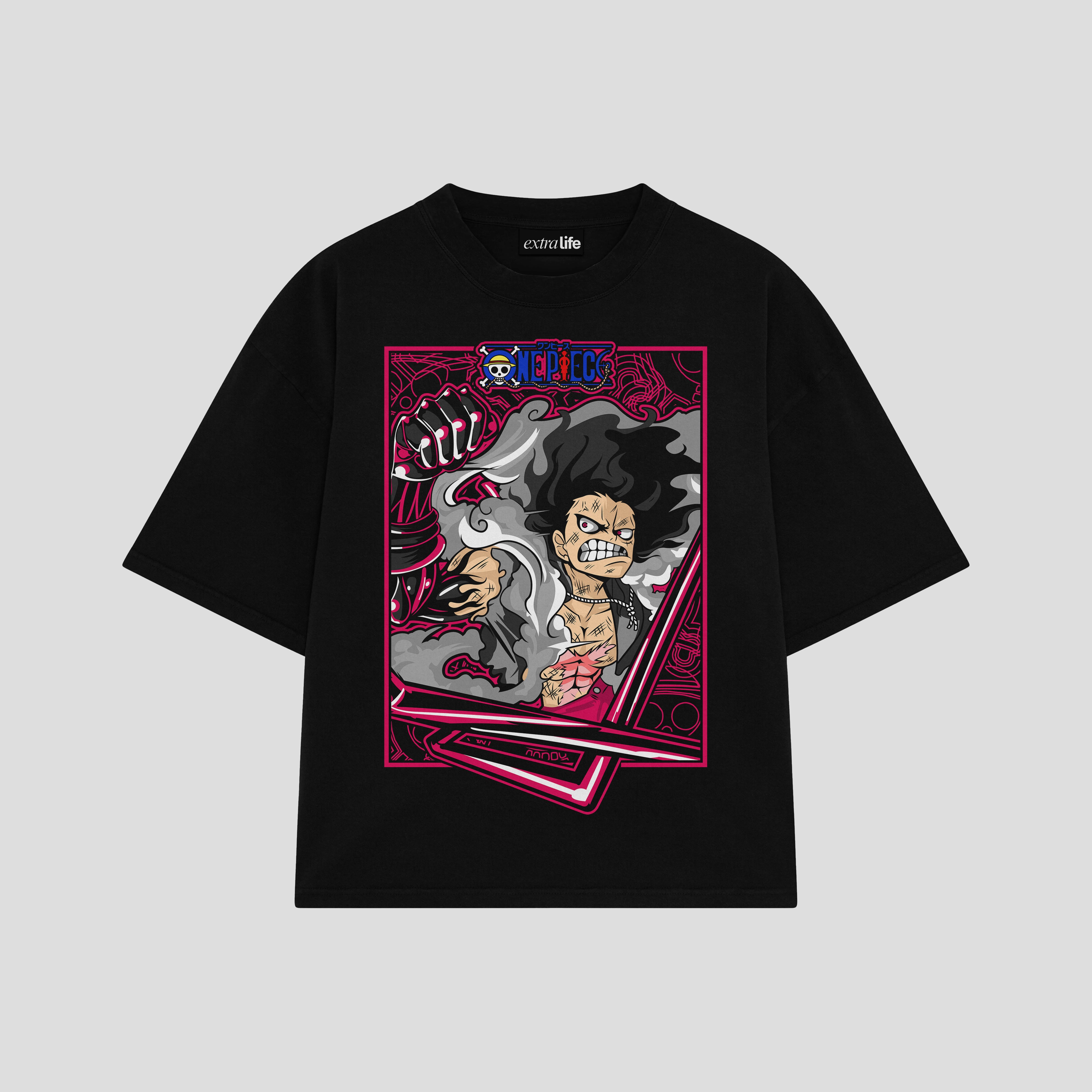 Playera streetwear premium de anime y gaming ExtraLife MX, corte boxy oversized drop shoulder heavyweight en color Deep Black y Off-White, moda urbana mexicana de culto.