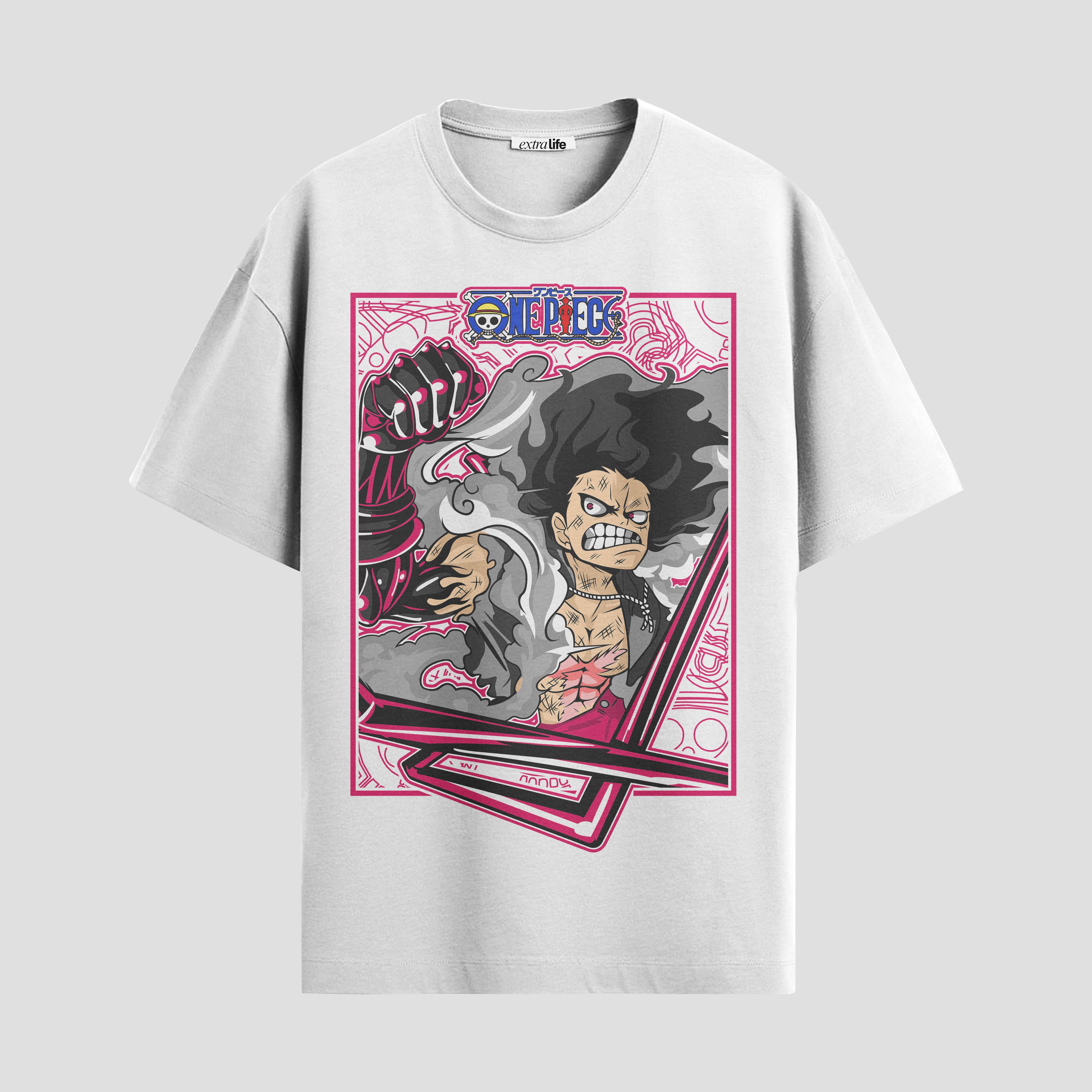 Playera urbana de anime y gaming ExtraLife MX, corte Standard Fit unisex ligero y transpirable en color Deep Black y Pure White, ropa de uso diario para gym y casual.