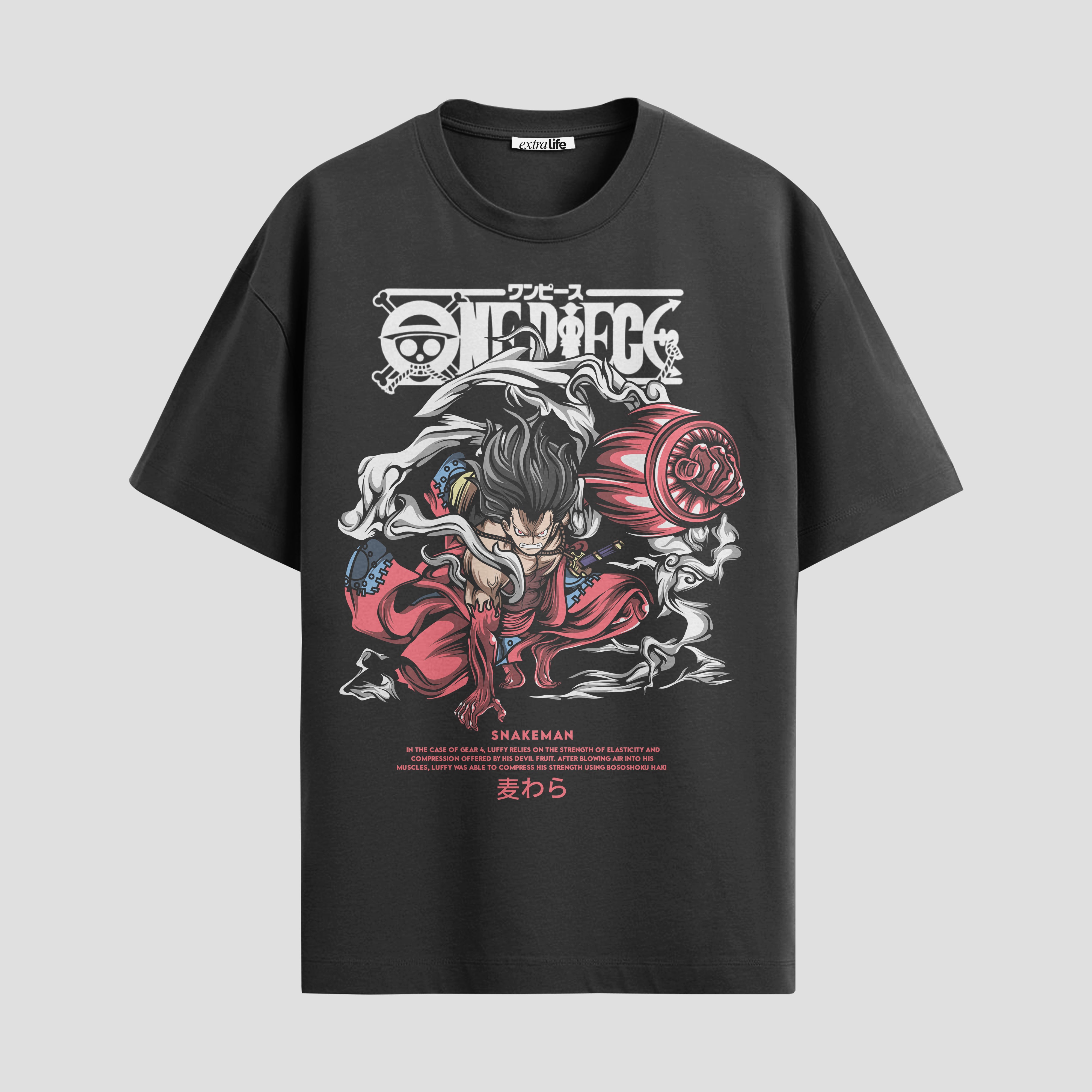 Playera urbana de anime y gaming ExtraLife MX, corte Standard Fit unisex ligero y transpirable en color Deep Black y Pure White, ropa de uso diario para gym y casual.