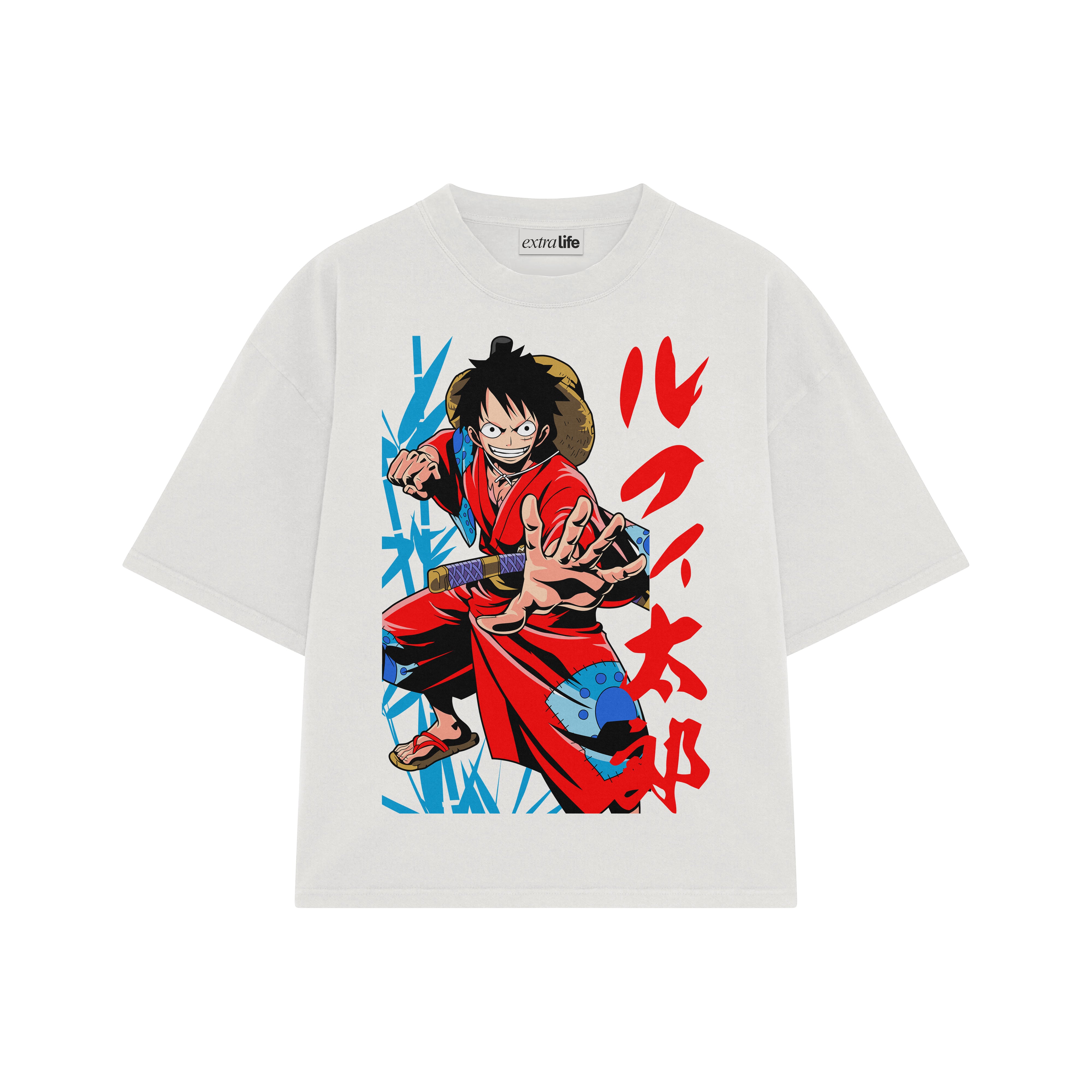 Playera streetwear premium de anime y gaming ExtraLife MX, corte boxy oversized drop shoulder heavyweight en color Deep Black y Off-White, moda urbana mexicana de culto.