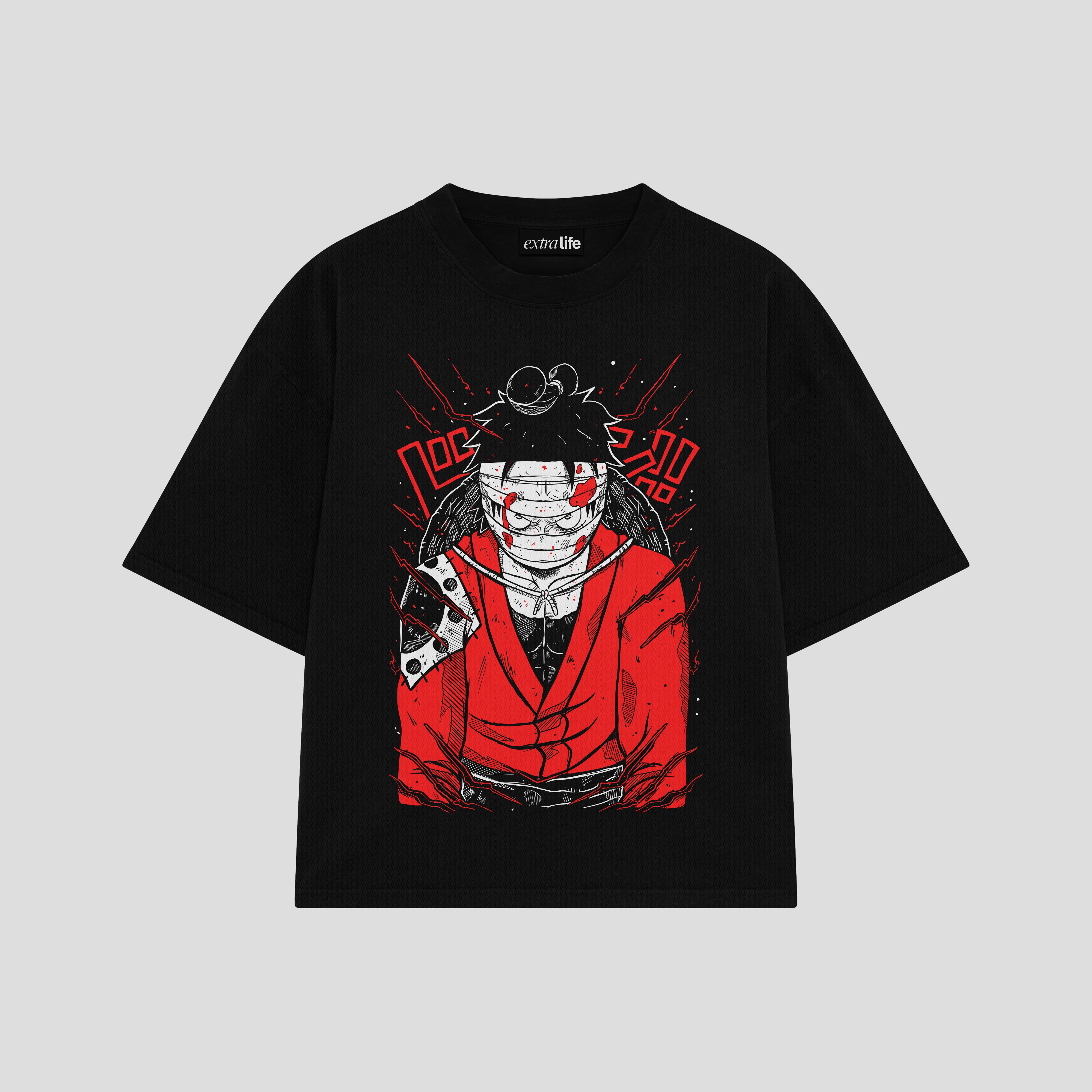 Playera streetwear premium de anime y gaming ExtraLife MX, corte boxy oversized drop shoulder heavyweight en color Deep Black y Off-White, moda urbana mexicana de culto.