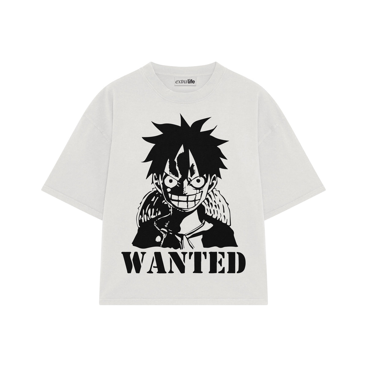 Playera streetwear premium de anime y gaming ExtraLife MX, corte oversized drop shoulder ligero y fresco en color Deep Black y Off-White, moda urbana mexicana de culto.