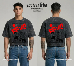 Playera streetwear premium de anime y gaming ExtraLife MX, corte boxy deluxe mineral wash heavyweight en color Acid Wash, moda urbana mexicana de culto.