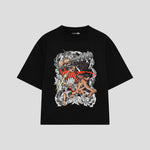 Playera streetwear premium de anime y gaming ExtraLife MX, corte boxy oversized drop shoulder heavyweight en color Deep Black y Off-White, moda urbana mexicana de culto.