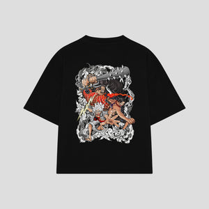 Playera streetwear premium de anime y gaming ExtraLife MX, corte boxy oversized drop shoulder heavyweight en color Deep Black y Off-White, moda urbana mexicana de culto.
