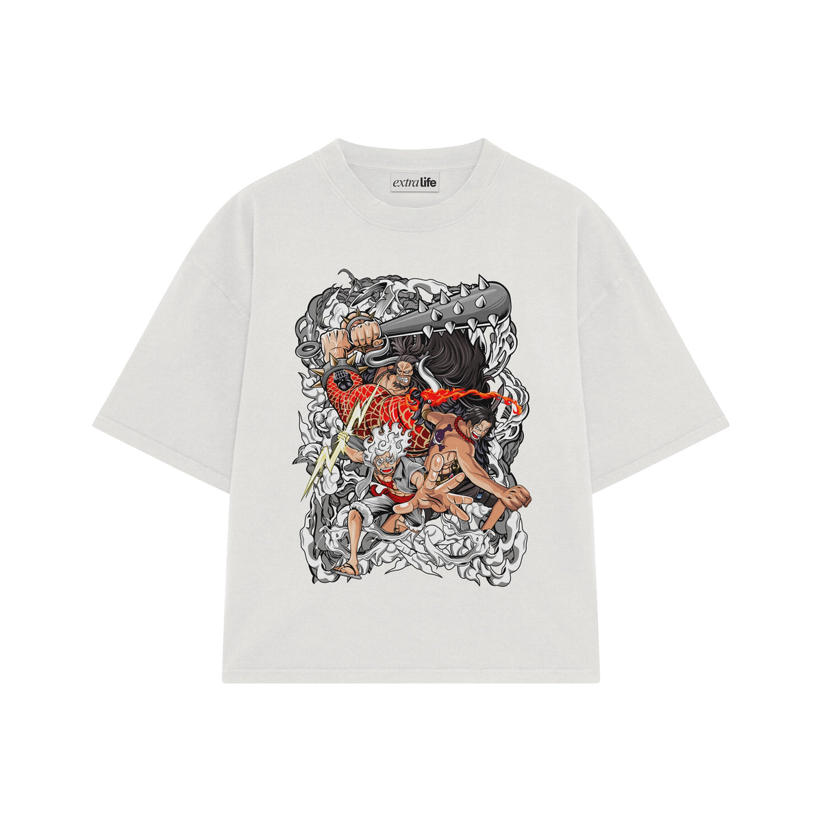 Playera streetwear premium de anime y gaming ExtraLife MX, corte oversized drop shoulder ligero y fresco en color Deep Black y Off-White, moda urbana mexicana de culto.
