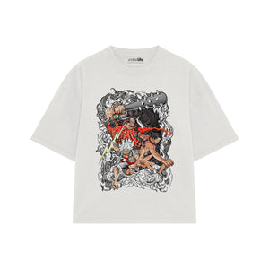 Playera streetwear premium de anime y gaming ExtraLife MX, corte boxy oversized drop shoulder heavyweight en color Deep Black y Off-White, moda urbana mexicana de culto.