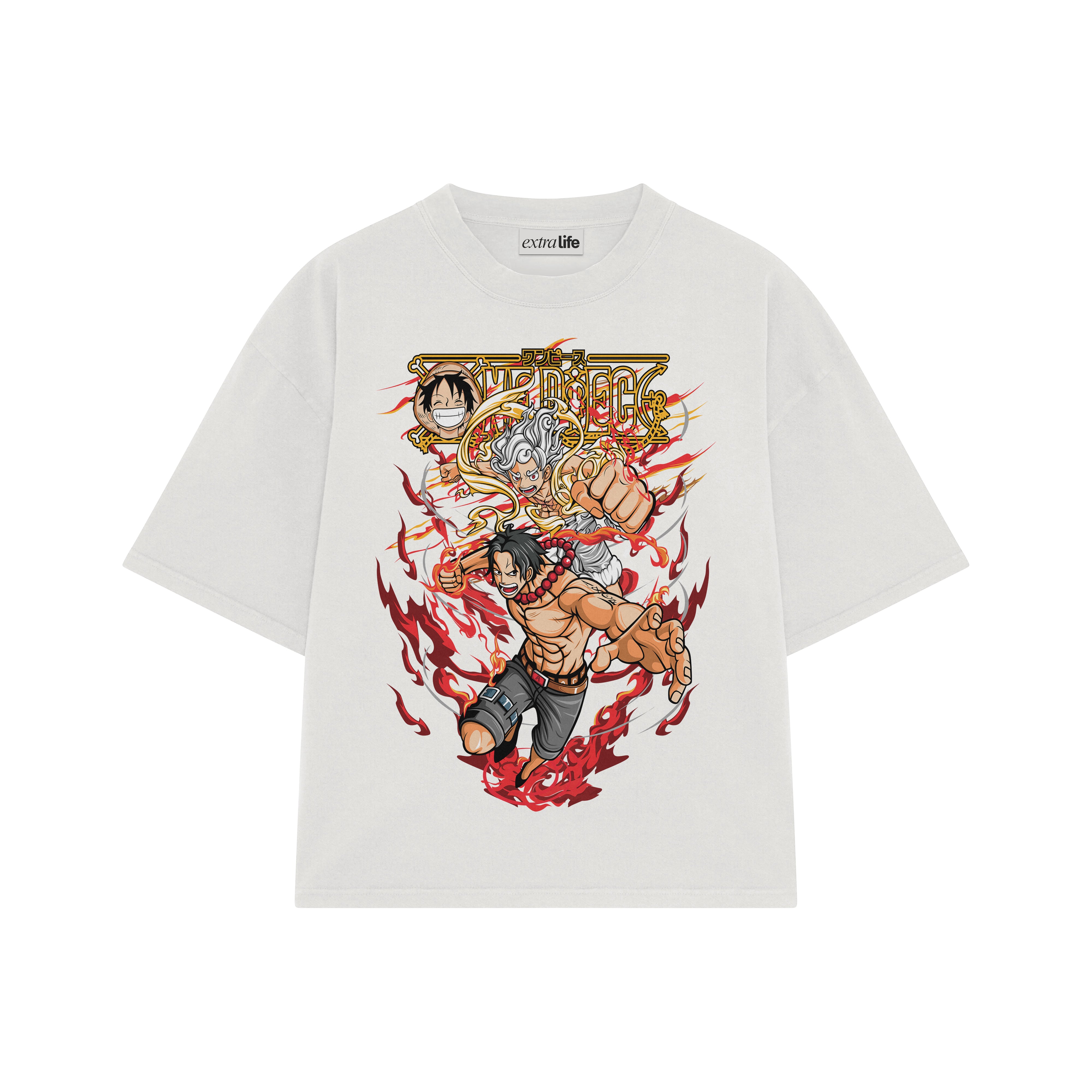 Playera streetwear premium de anime y gaming ExtraLife MX, corte boxy oversized drop shoulder heavyweight en color Deep Black y Off-White, moda urbana mexicana de culto.