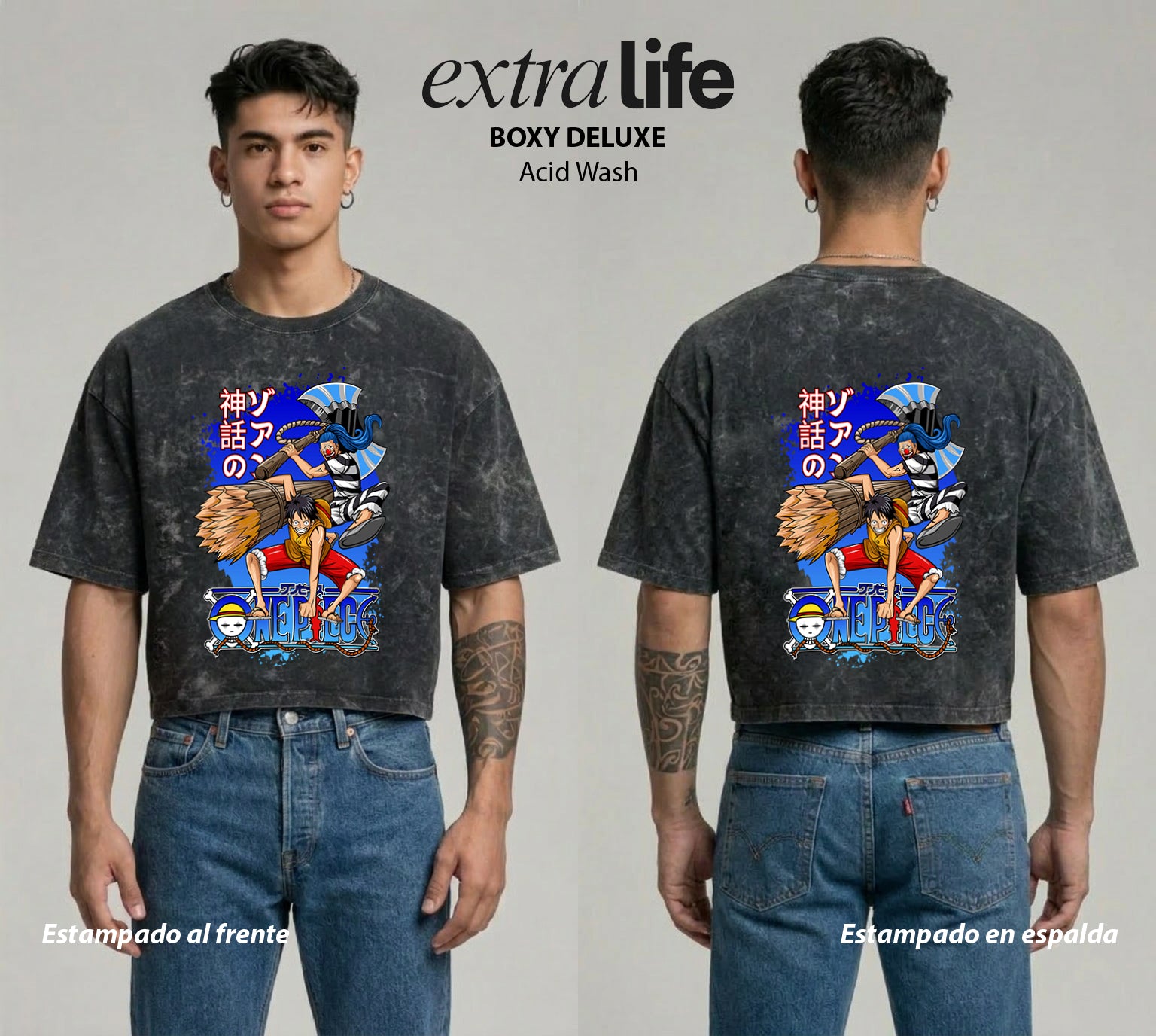 Playera streetwear premium de anime y gaming ExtraLife MX, corte boxy deluxe mineral wash heavyweight en color Acid Wash, moda urbana mexicana de culto.