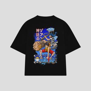 Playera streetwear premium de anime y gaming ExtraLife MX, corte boxy oversized drop shoulder heavyweight en color Deep Black y Off-White, moda urbana mexicana de culto.