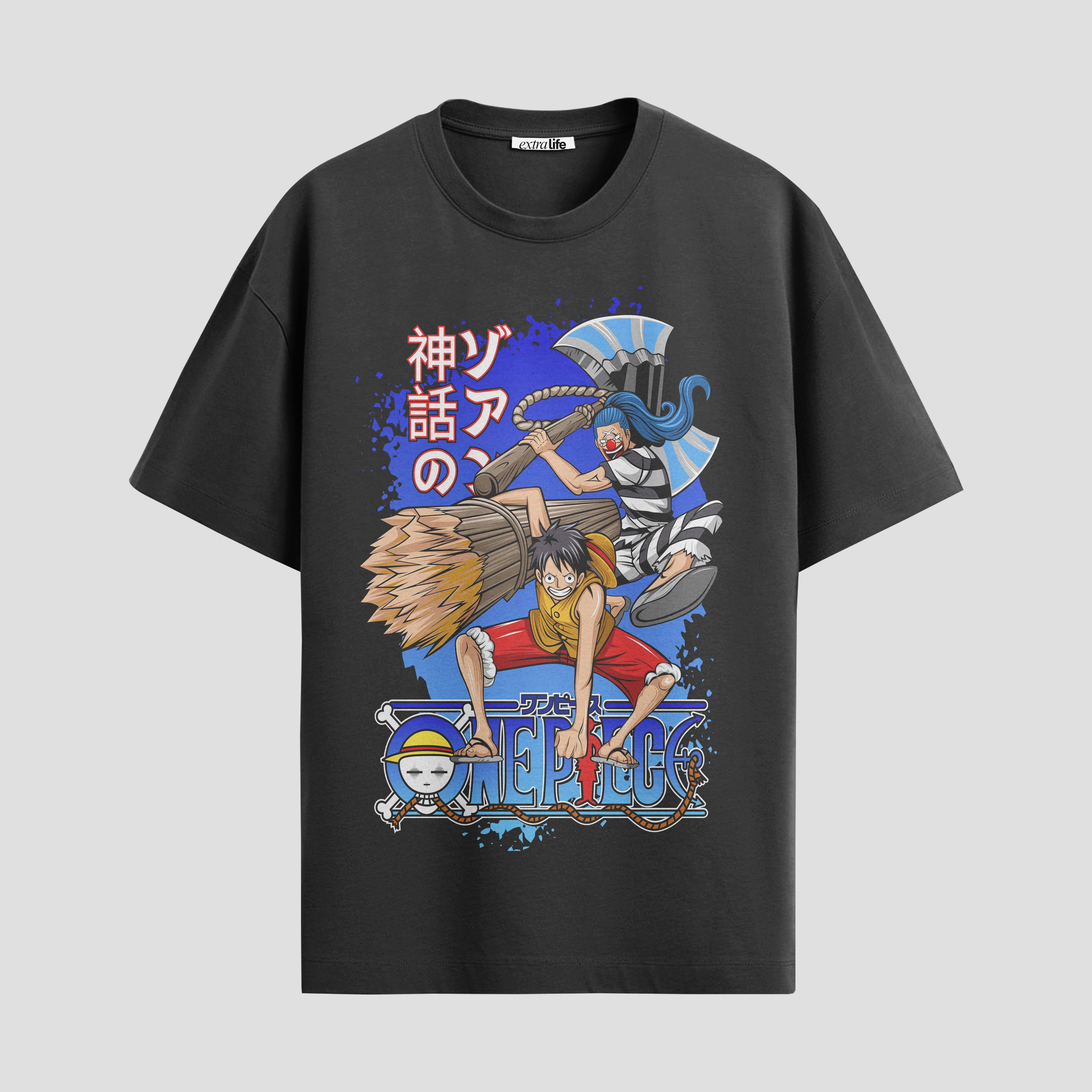 Playera urbana de anime y gaming ExtraLife MX, corte Standard Fit unisex ligero y transpirable en color Deep Black y Pure White, ropa de uso diario para gym y casual.
