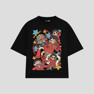 Playera streetwear premium de anime y gaming ExtraLife MX, corte boxy oversized drop shoulder heavyweight en color Deep Black y Off-White, moda urbana mexicana de culto.