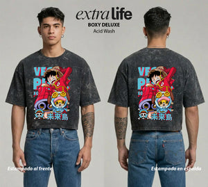 Playera streetwear premium de anime y gaming ExtraLife MX, corte boxy deluxe mineral wash heavyweight en color Acid Wash, moda urbana mexicana de culto.