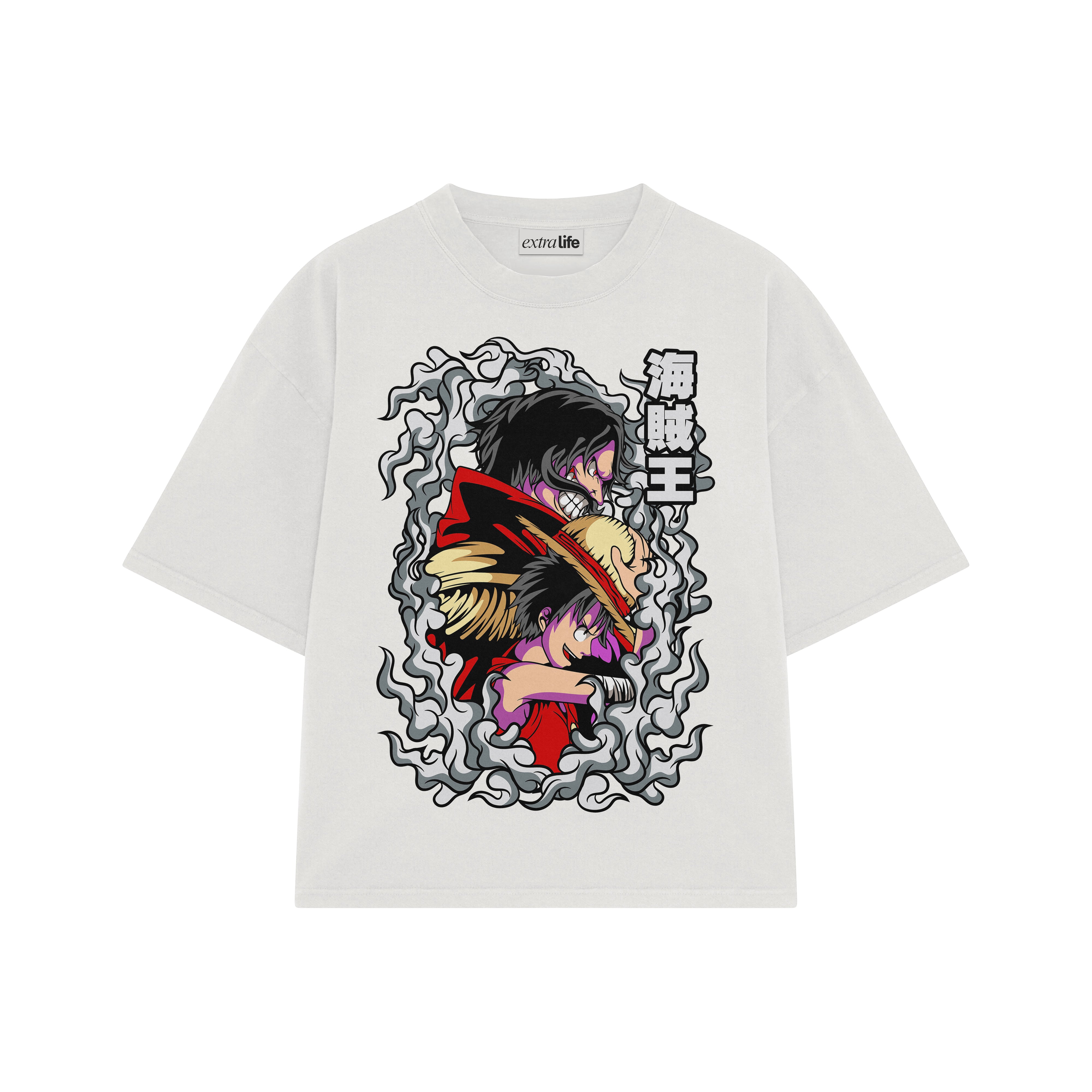 Playera streetwear premium de anime y gaming ExtraLife MX, corte boxy oversized drop shoulder heavyweight en color Deep Black y Off-White, moda urbana mexicana de culto.