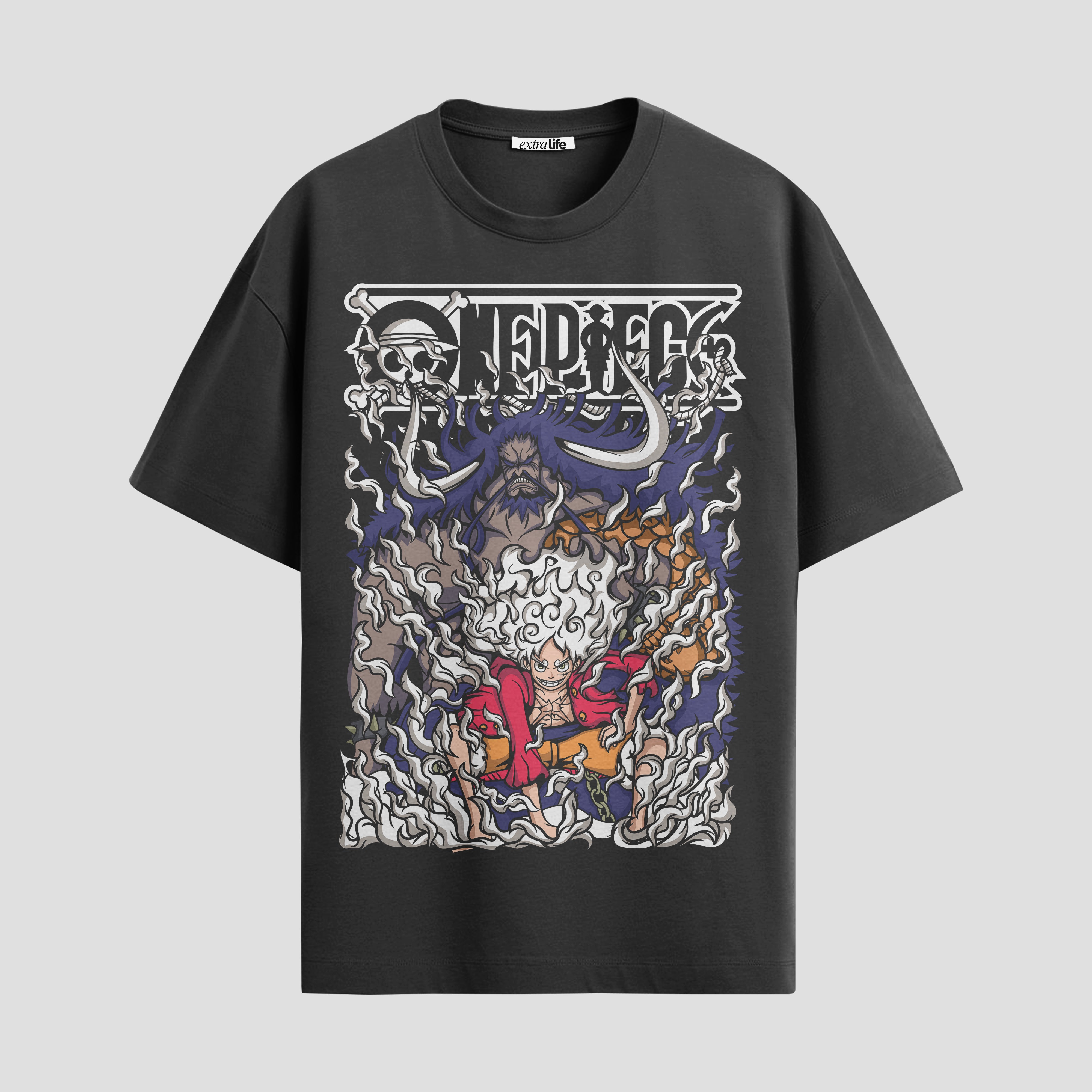 Playera urbana de anime y gaming ExtraLife MX, corte Standard Fit unisex ligero y transpirable en color Deep Black y Pure White, ropa de uso diario para gym y casual.