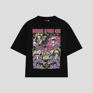 Playera streetwear premium de anime y gaming ExtraLife MX, corte boxy oversized drop shoulder heavyweight en color Deep Black y Off-White, moda urbana mexicana de culto.