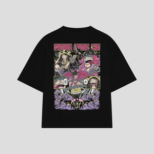 Playera streetwear premium de anime y gaming ExtraLife MX, corte boxy oversized drop shoulder heavyweight en color Deep Black y Off-White, moda urbana mexicana de culto.