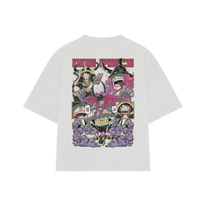 Playera streetwear premium de anime y gaming ExtraLife MX, corte boxy oversized drop shoulder heavyweight en color Deep Black y Off-White, moda urbana mexicana de culto.