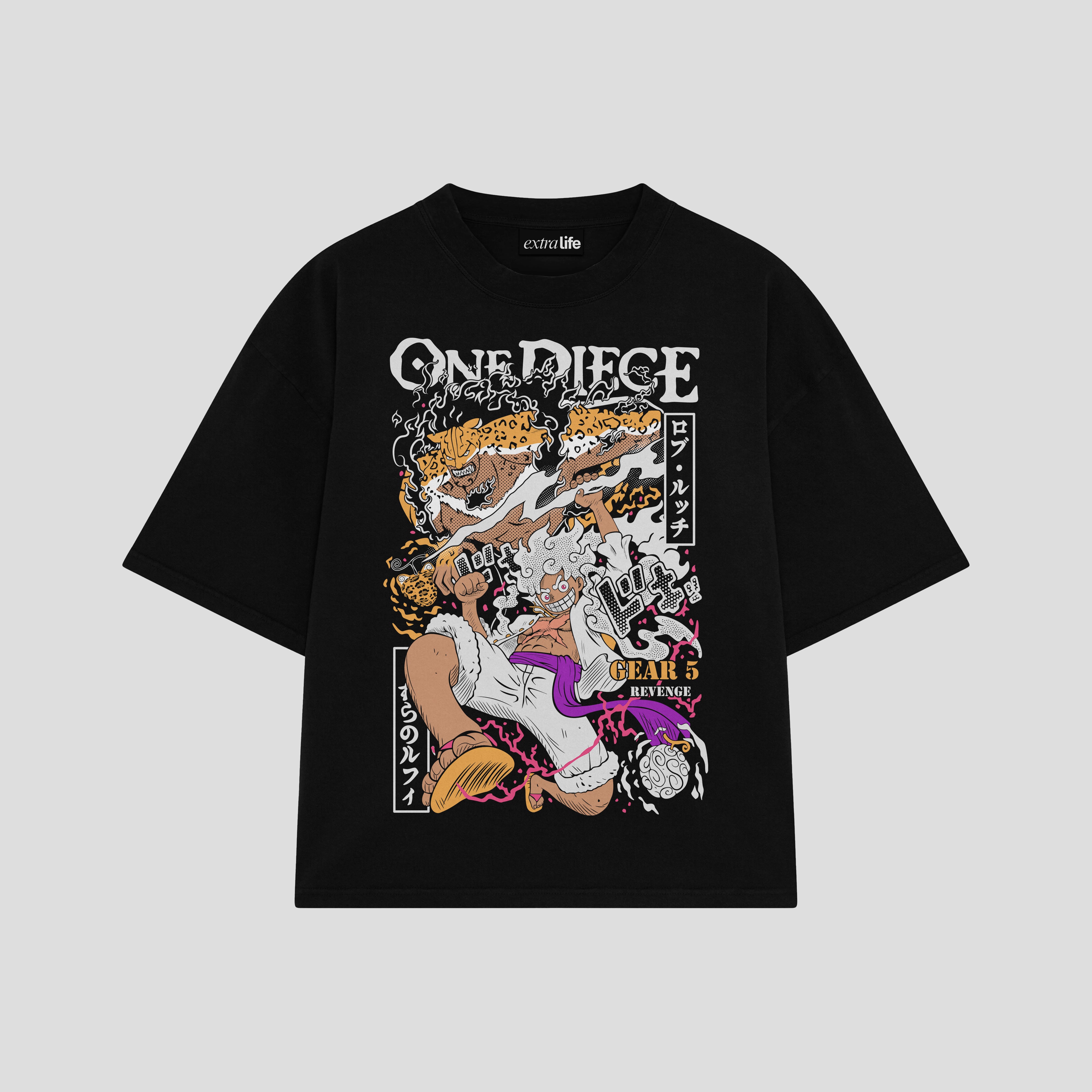 Playera streetwear premium de anime y gaming ExtraLife MX, corte boxy oversized drop shoulder heavyweight en color Deep Black y Off-White, moda urbana mexicana de culto.