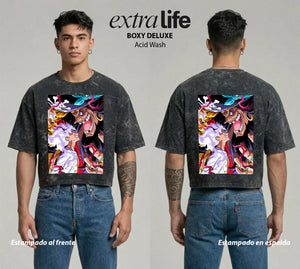 Playera streetwear premium de anime y gaming ExtraLife MX, corte boxy deluxe mineral wash heavyweight en color Acid Wash, moda urbana mexicana de culto.