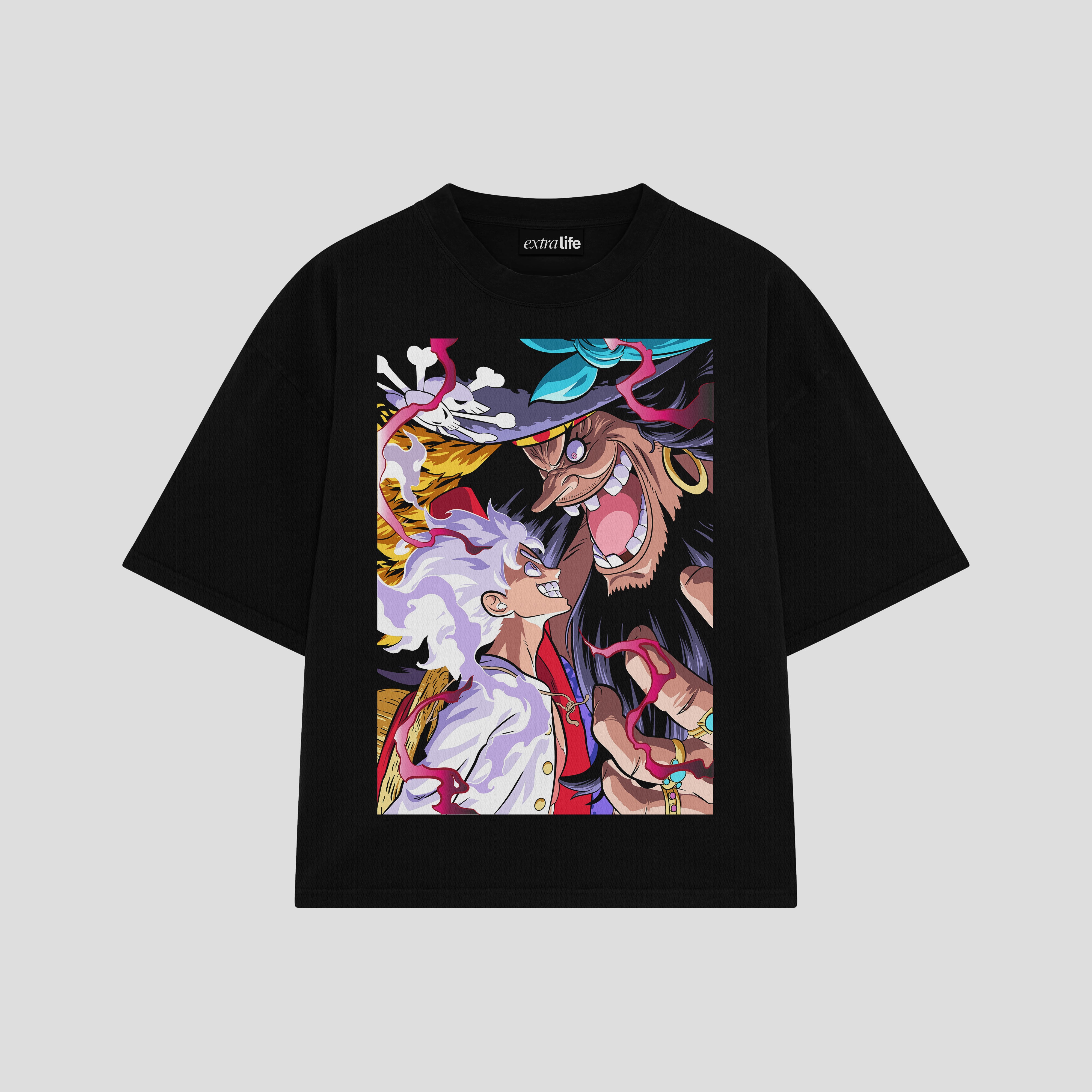 Playera streetwear premium de anime y gaming ExtraLife MX, corte boxy oversized drop shoulder heavyweight en color Deep Black y Off-White, moda urbana mexicana de culto.