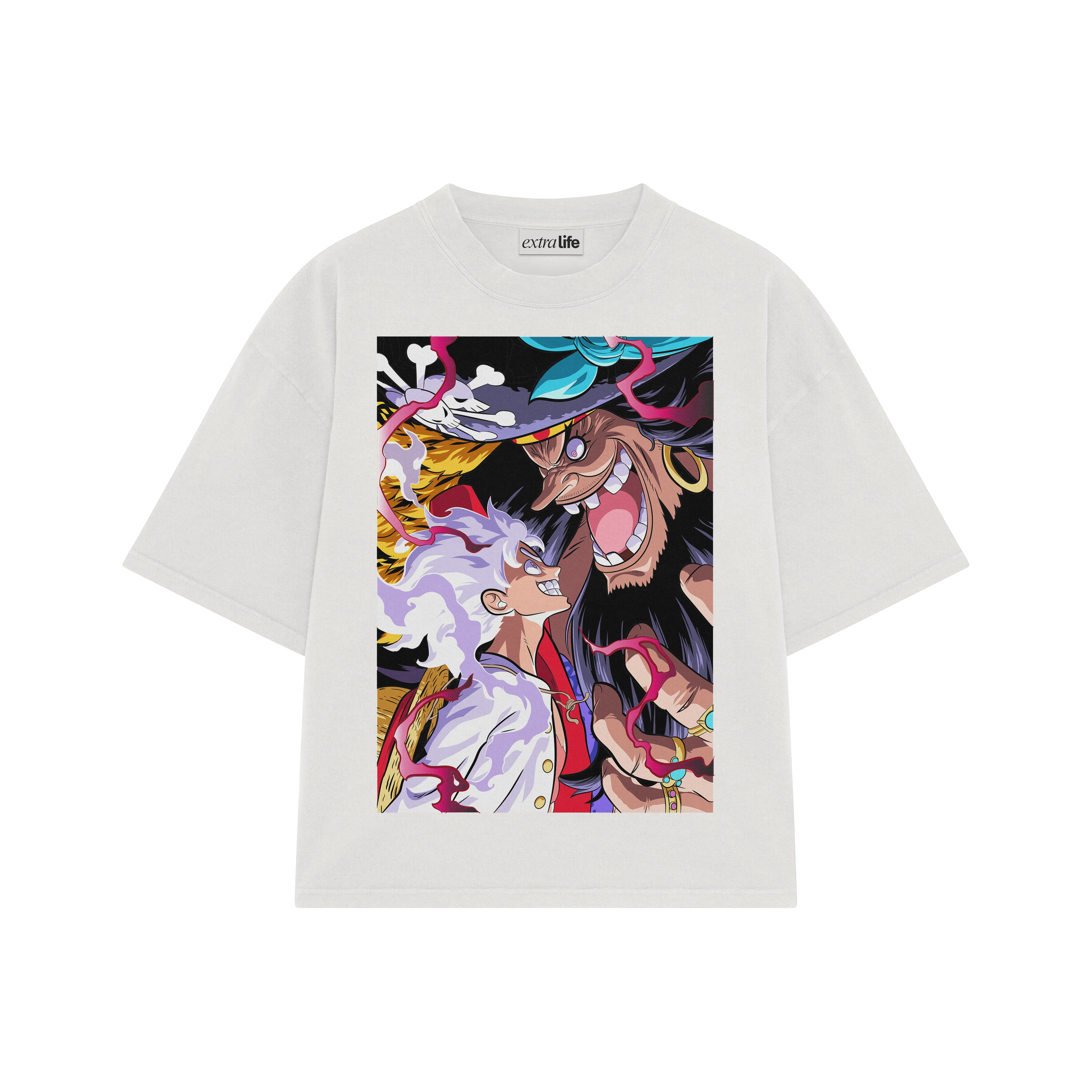 Playera streetwear premium de anime y gaming ExtraLife MX, corte boxy oversized drop shoulder heavyweight en color Deep Black y Off-White, moda urbana mexicana de culto.