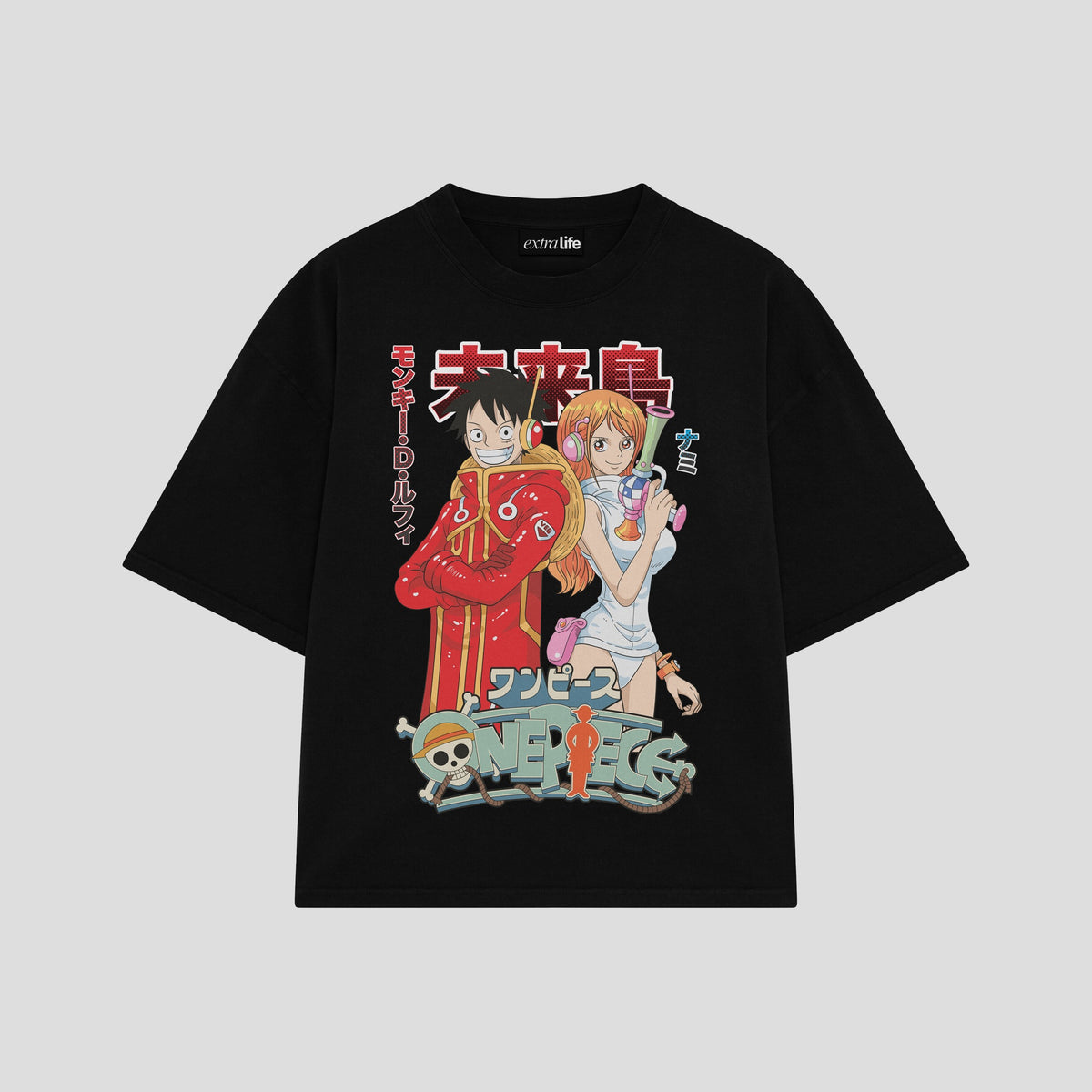 Playera streetwear premium de anime y gaming ExtraLife MX, corte oversized drop shoulder ligero y fresco en color Deep Black y Off-White, moda urbana mexicana de culto.