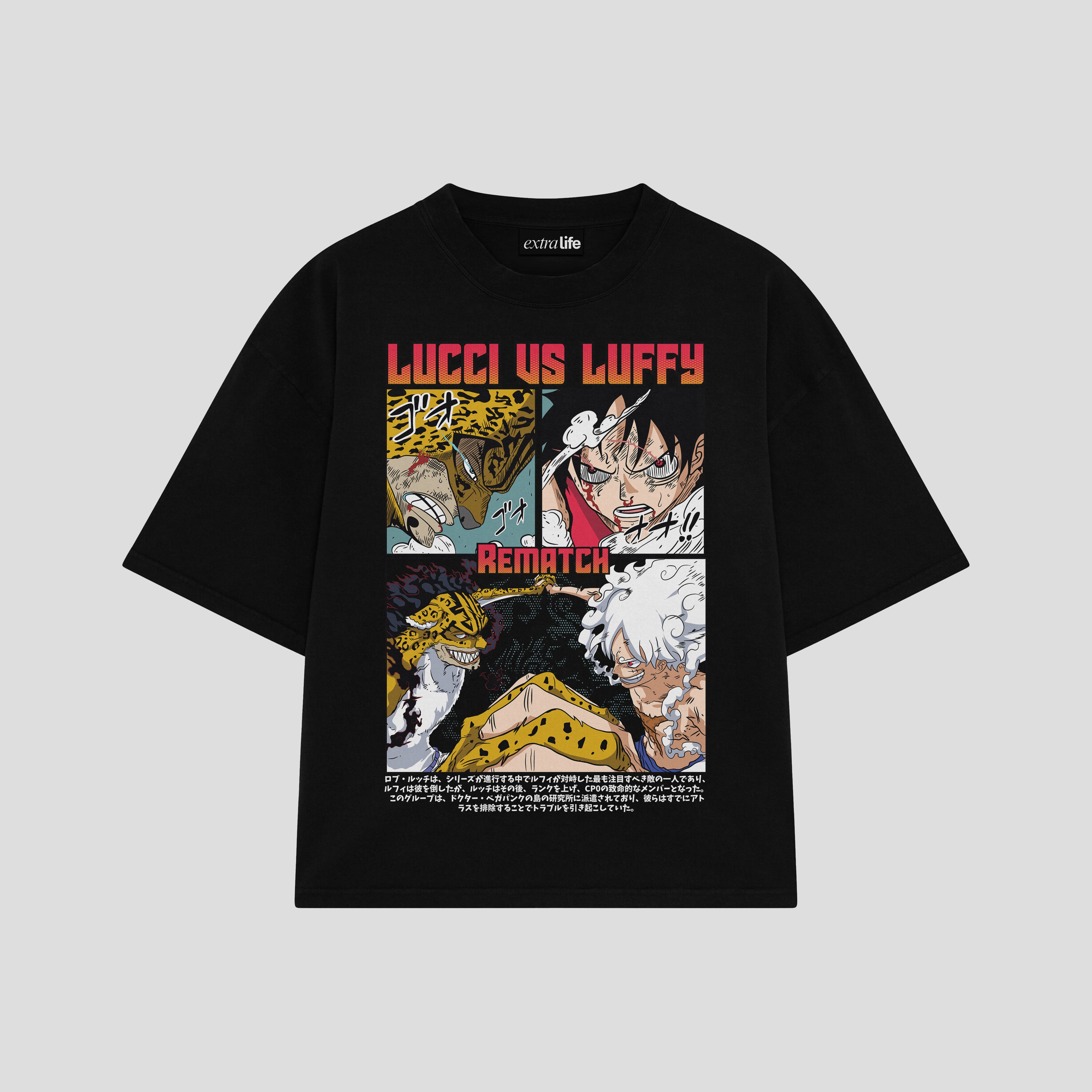 Playera streetwear premium de anime y gaming ExtraLife MX, corte boxy oversized drop shoulder heavyweight en color Deep Black y Off-White, moda urbana mexicana de culto.