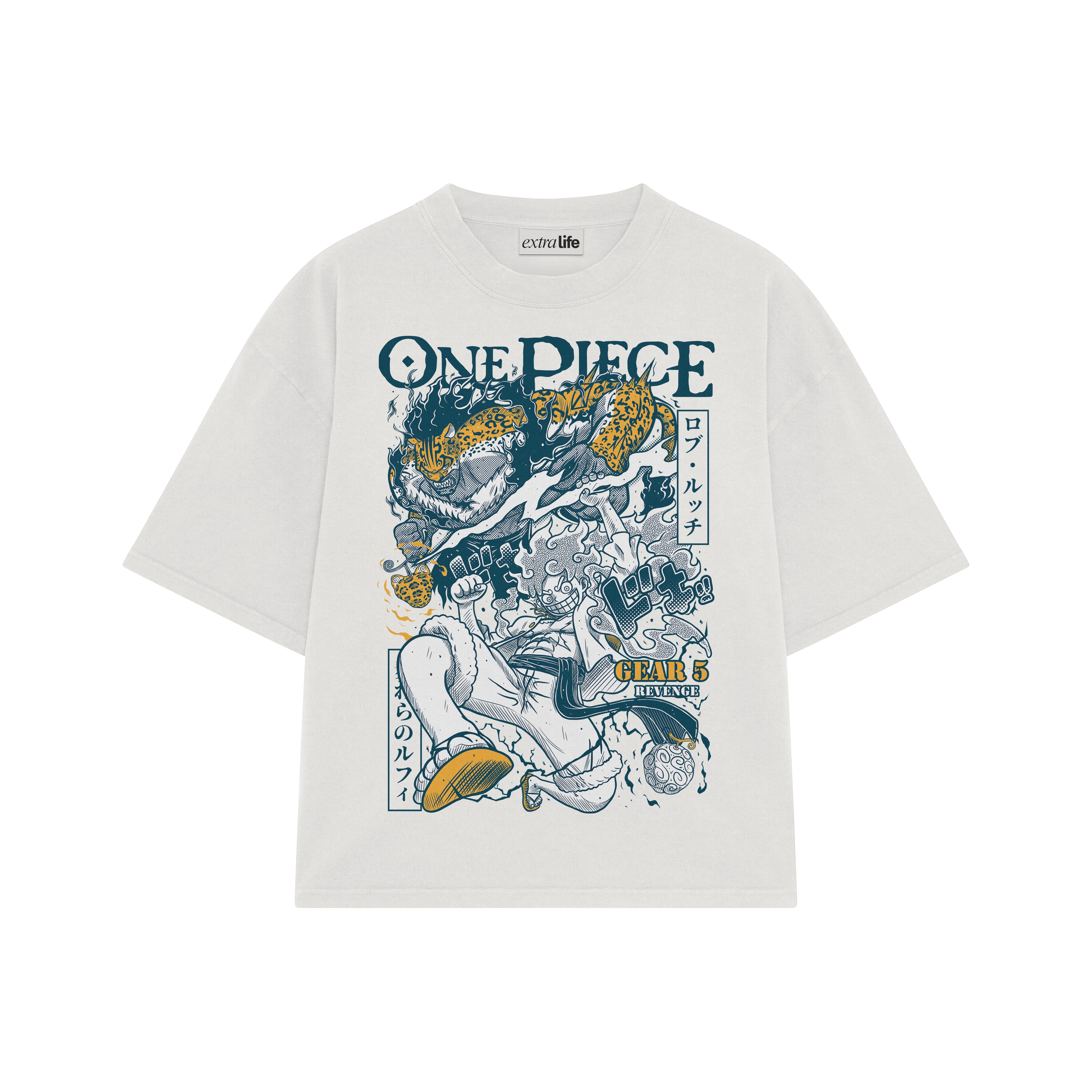 Playera streetwear premium de anime y gaming ExtraLife MX, corte boxy oversized drop shoulder heavyweight en color Deep Black y Off-White, moda urbana mexicana de culto.