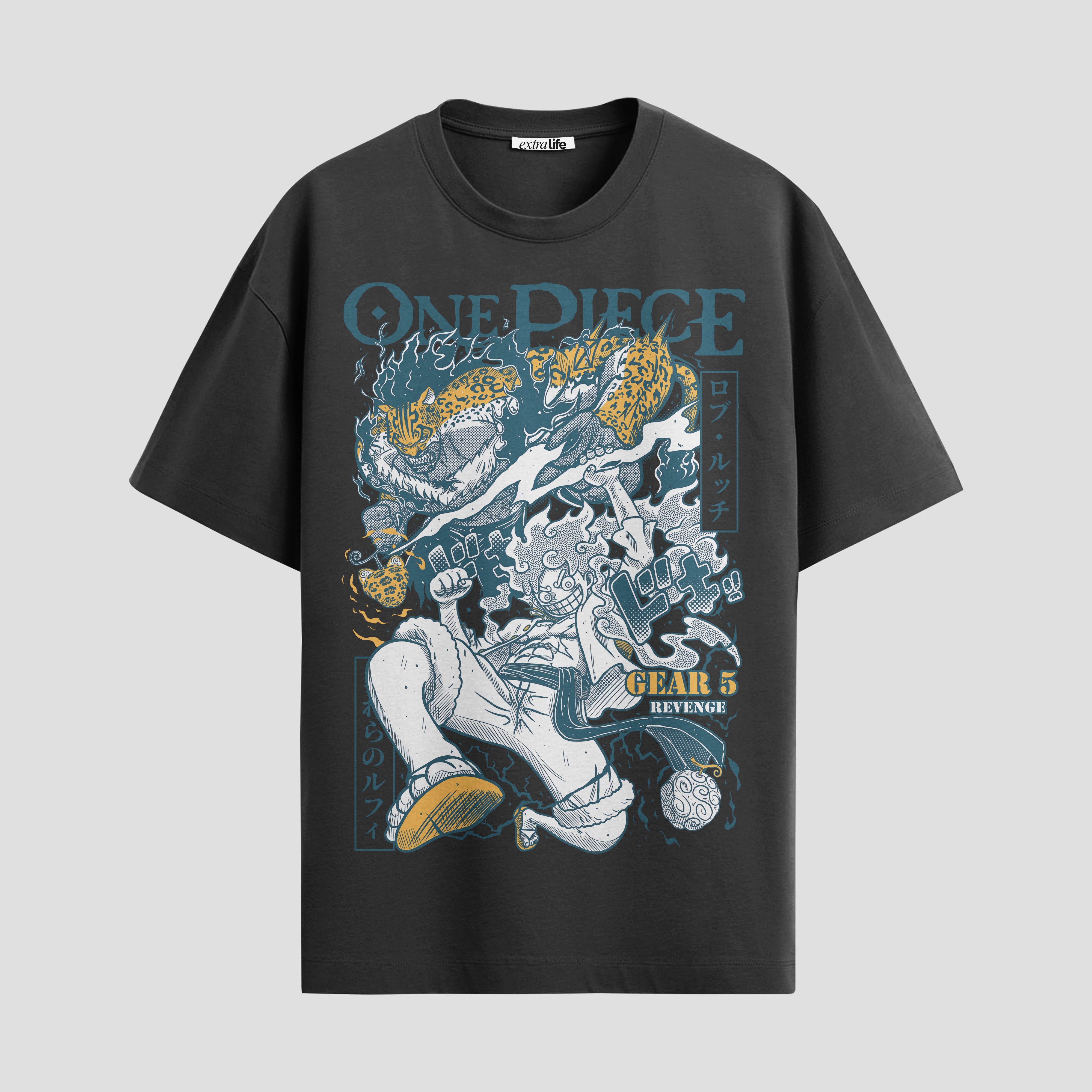 Playera urbana de anime y gaming ExtraLife MX, corte Standard Fit unisex ligero y transpirable en color Deep Black y Pure White, ropa de uso diario para gym y casual.