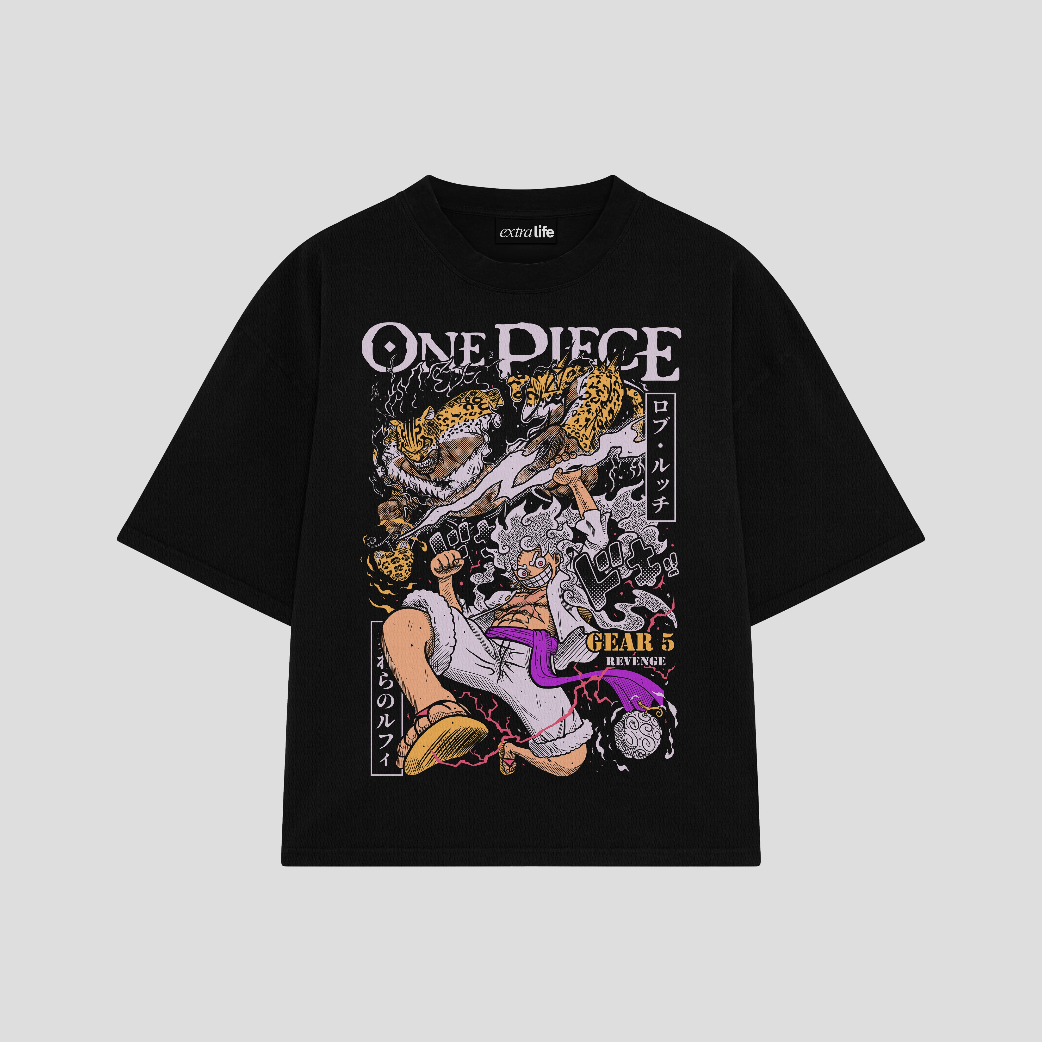 Playera streetwear premium de anime y gaming ExtraLife MX, corte boxy oversized drop shoulder heavyweight en color Deep Black y Off-White, moda urbana mexicana de culto.