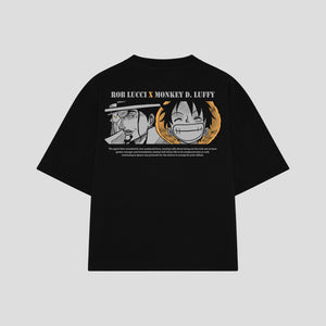 Playera streetwear premium de anime y gaming ExtraLife MX, corte boxy oversized drop shoulder heavyweight en color Deep Black y Off-White, moda urbana mexicana de culto.
