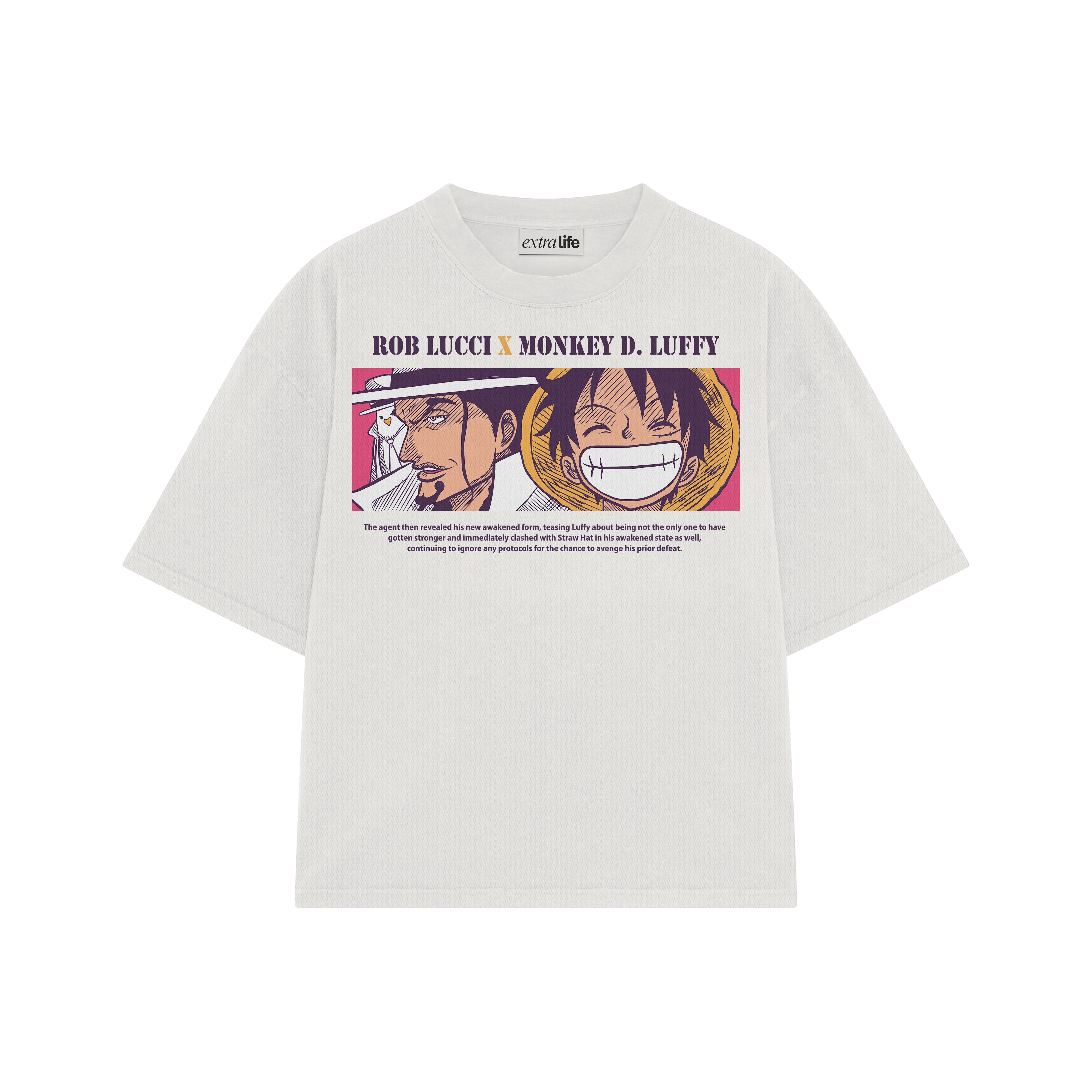 Playera streetwear premium de anime y gaming ExtraLife MX, corte boxy oversized drop shoulder heavyweight en color Deep Black y Off-White, moda urbana mexicana de culto.