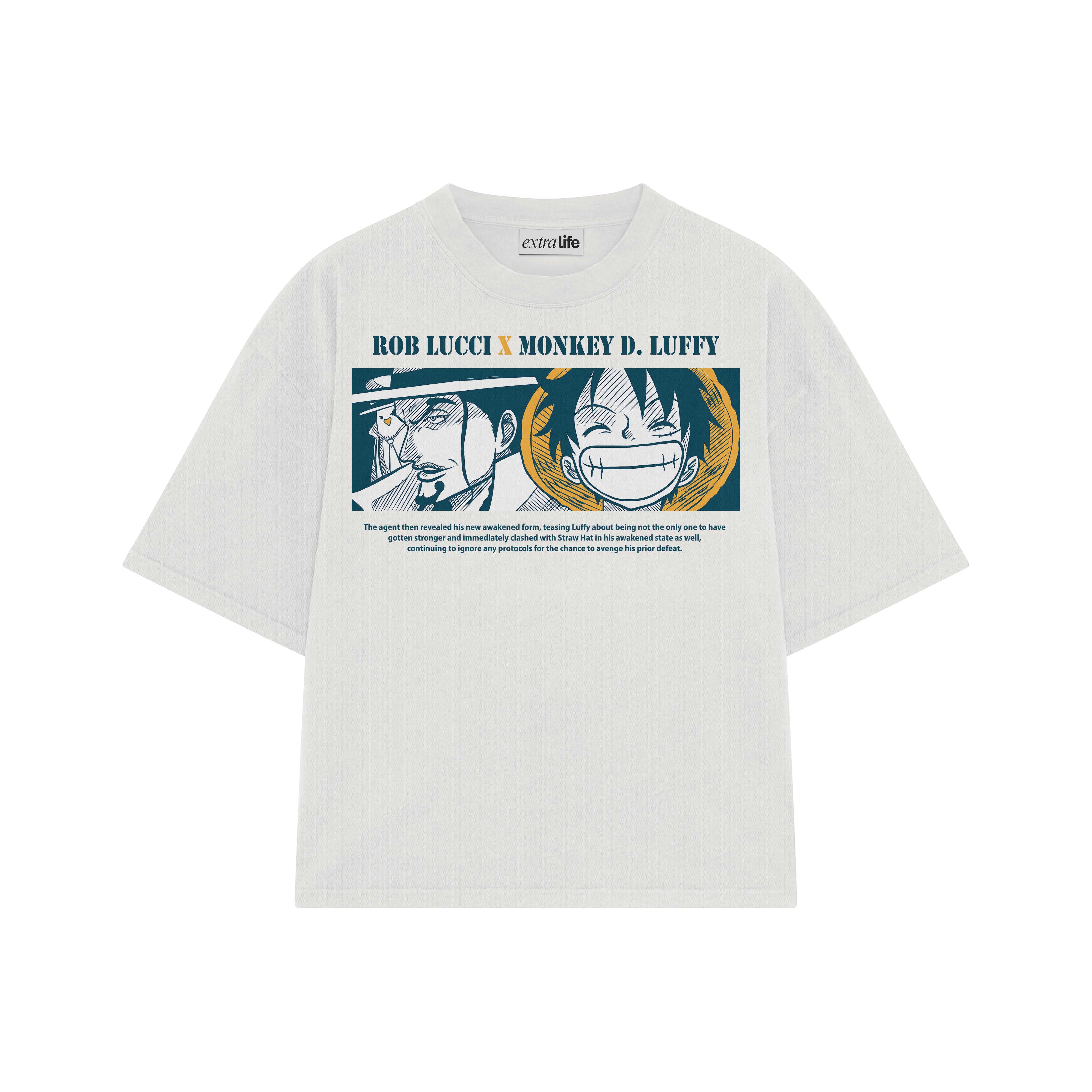 Playera streetwear premium de anime y gaming ExtraLife MX, corte boxy oversized drop shoulder heavyweight en color Deep Black y Off-White, moda urbana mexicana de culto.